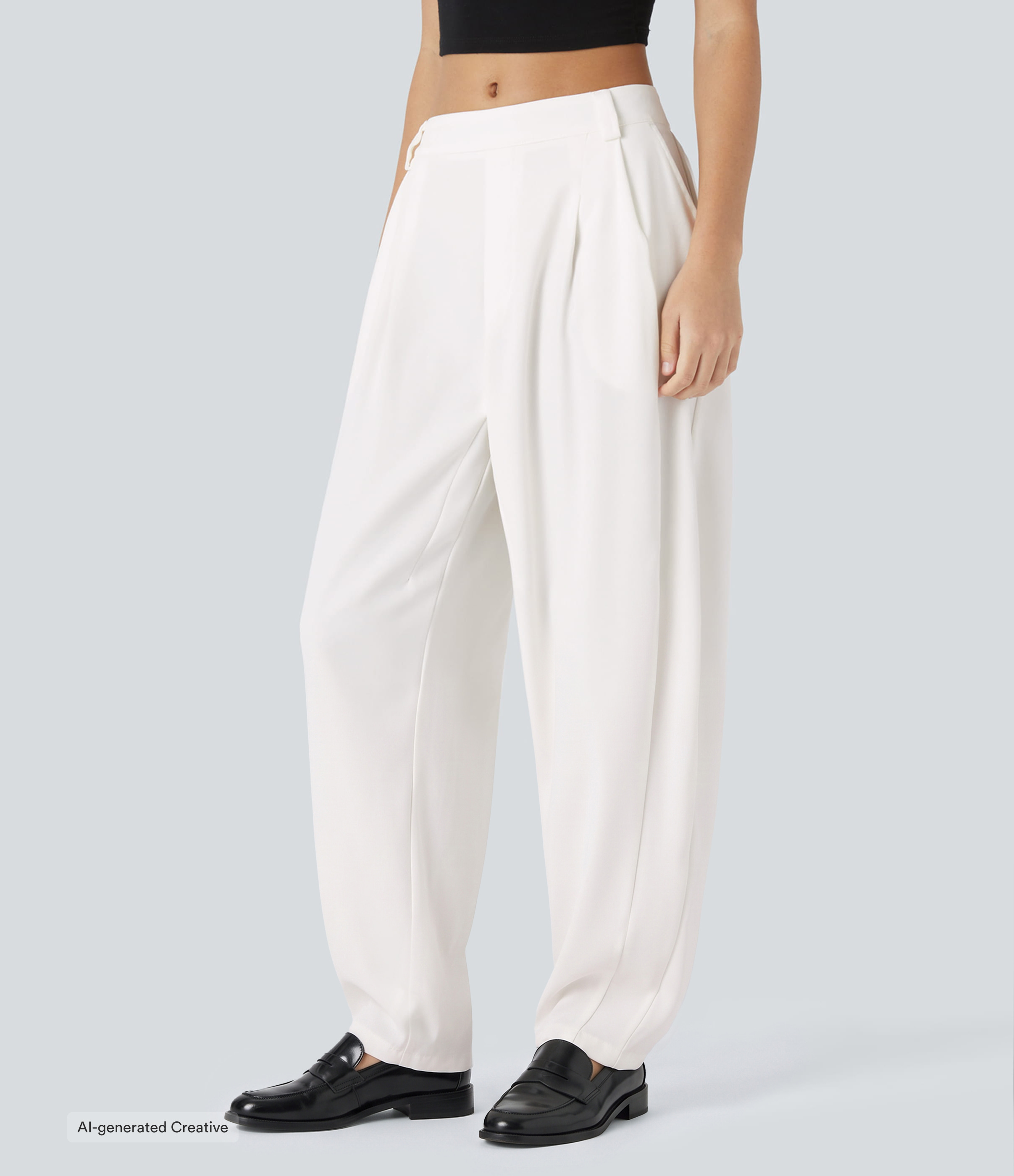 Bianco Pantaloni da lavoro baggy a vita media con tasche e gamba a barile / 1
