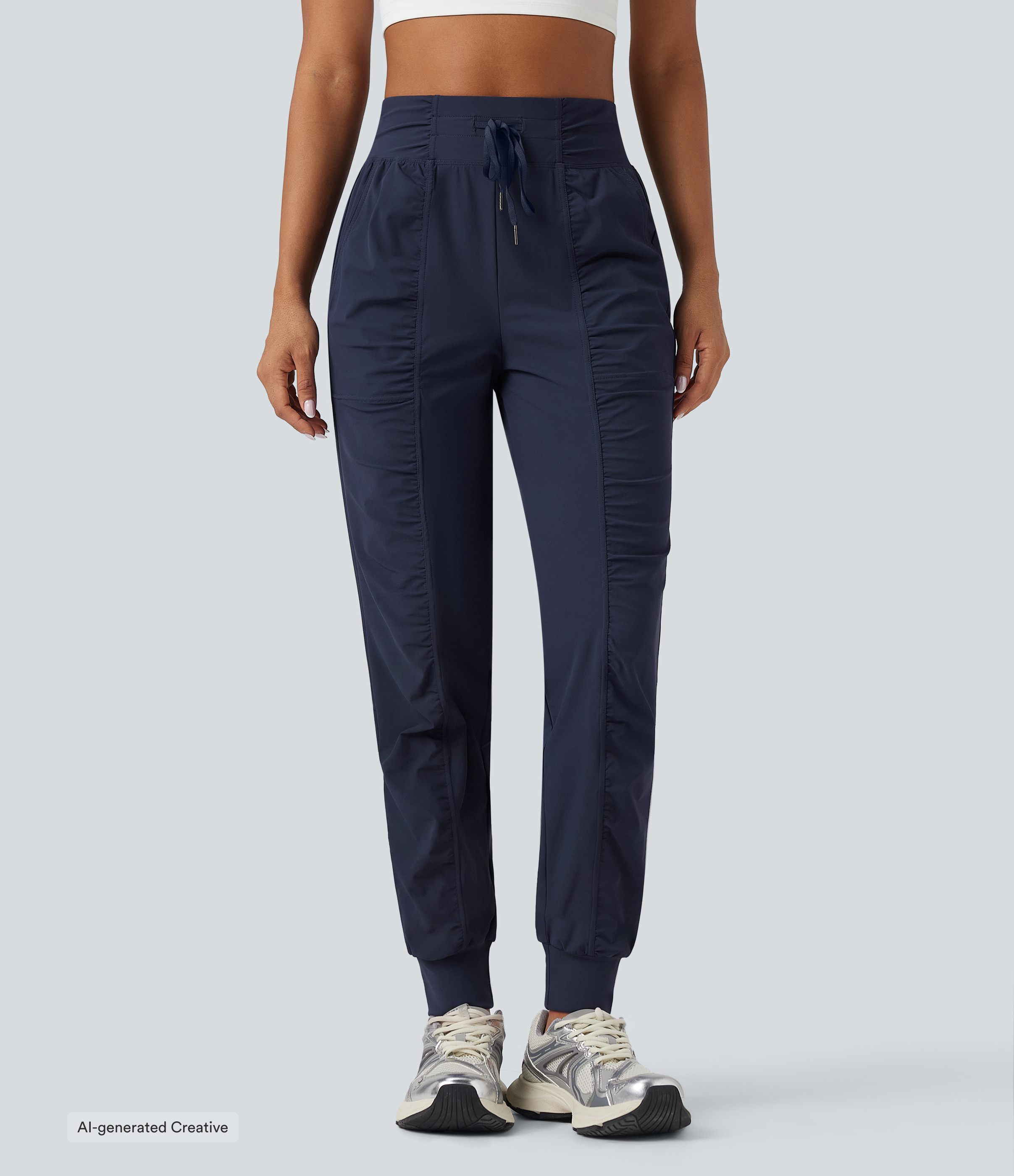 High Waisted Drawstring Ruched Tapered Quick Dry Cool Touch Dance Joggers with Pockets-UPF40+