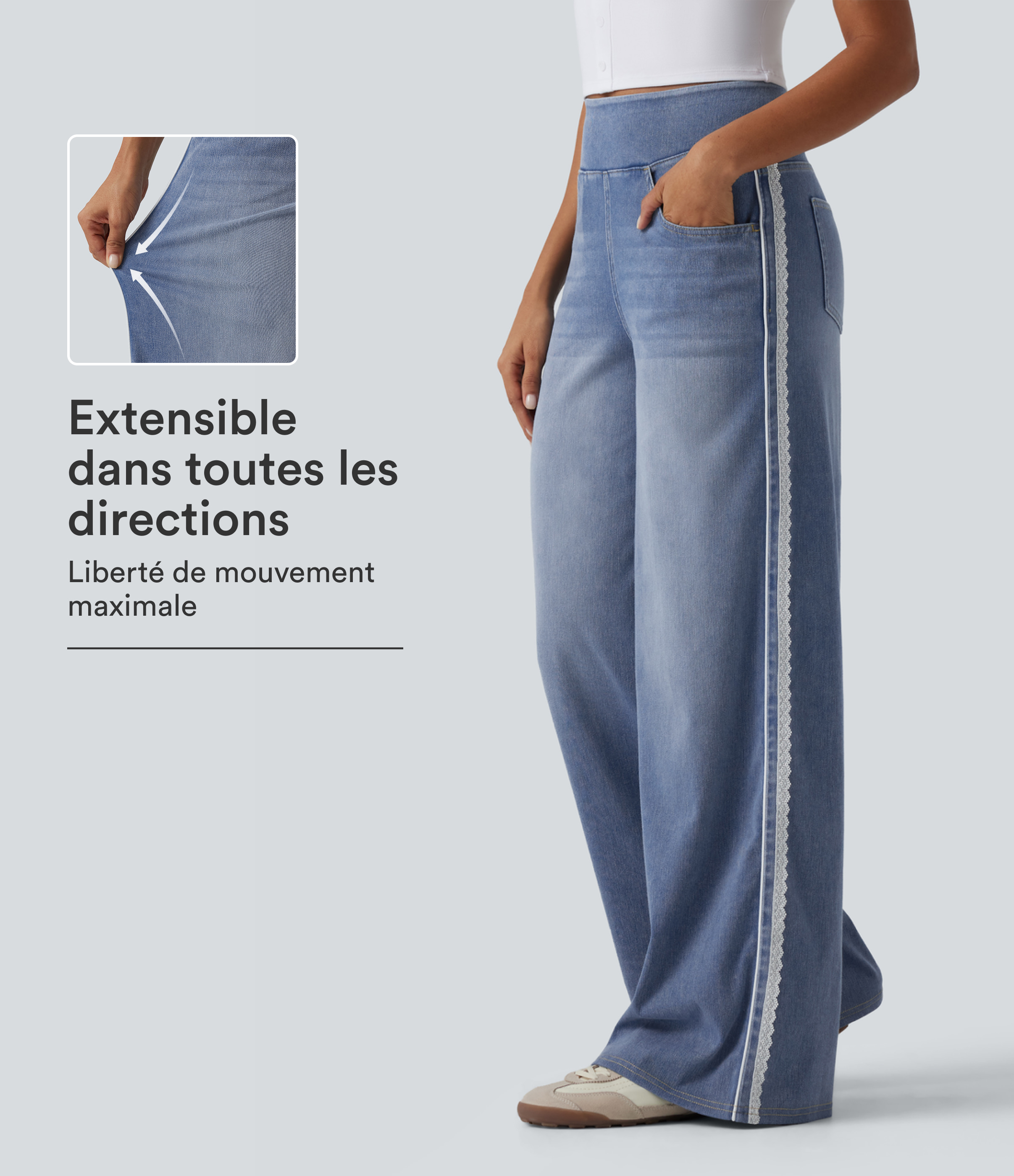 Jean en coton Halara Flex™ taille haute à jambes larges avec dentelle contrastante et poches