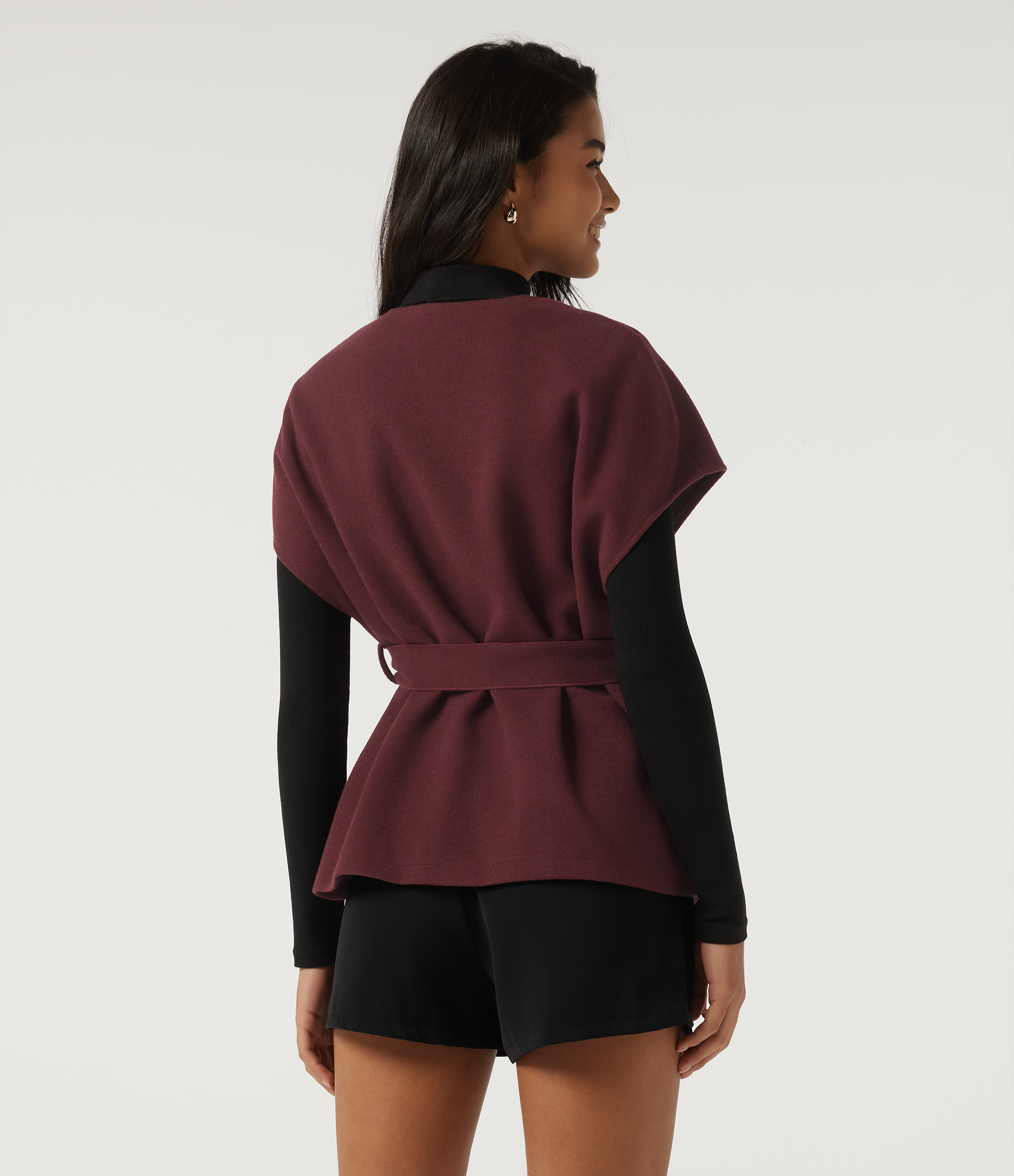 Wine Red Open Front Tie Side Short Sleeve Work Coat Vest / 2