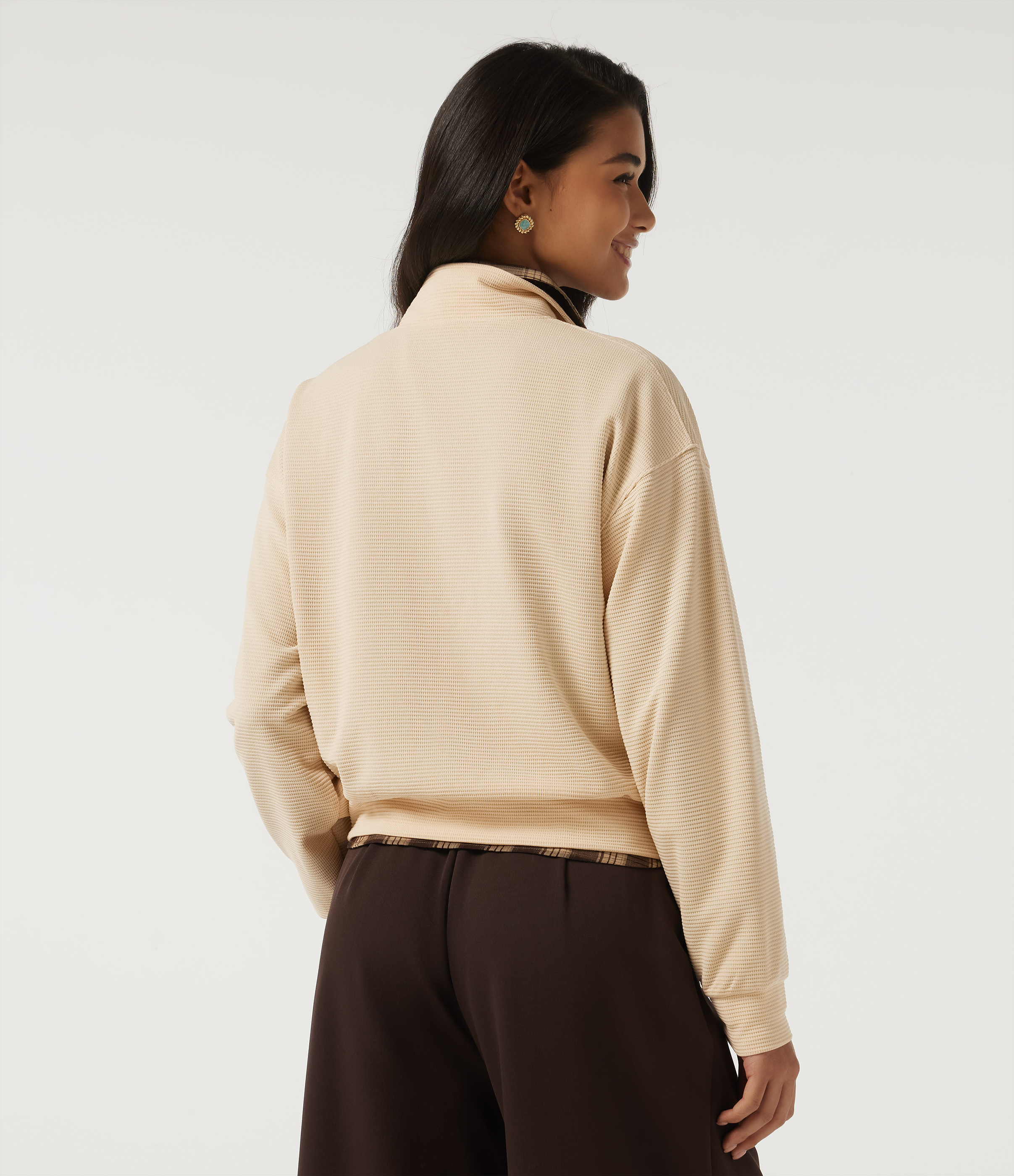 Almond Oil Mock Neck Long Sleeve Waffle Casual Sweatshirt / 2