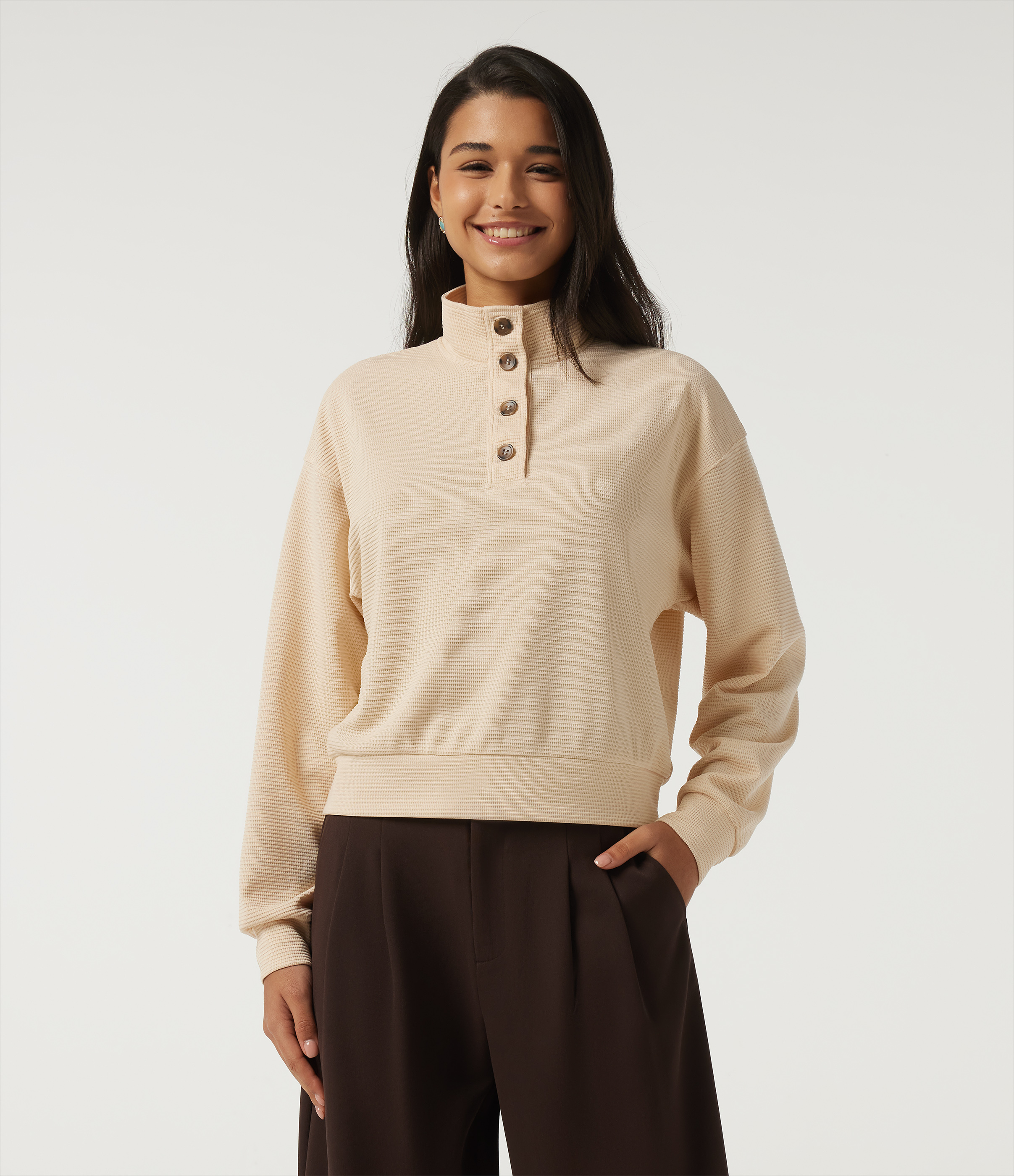 Mock Neck Long Sleeve Waffle Casual Sweatshirt