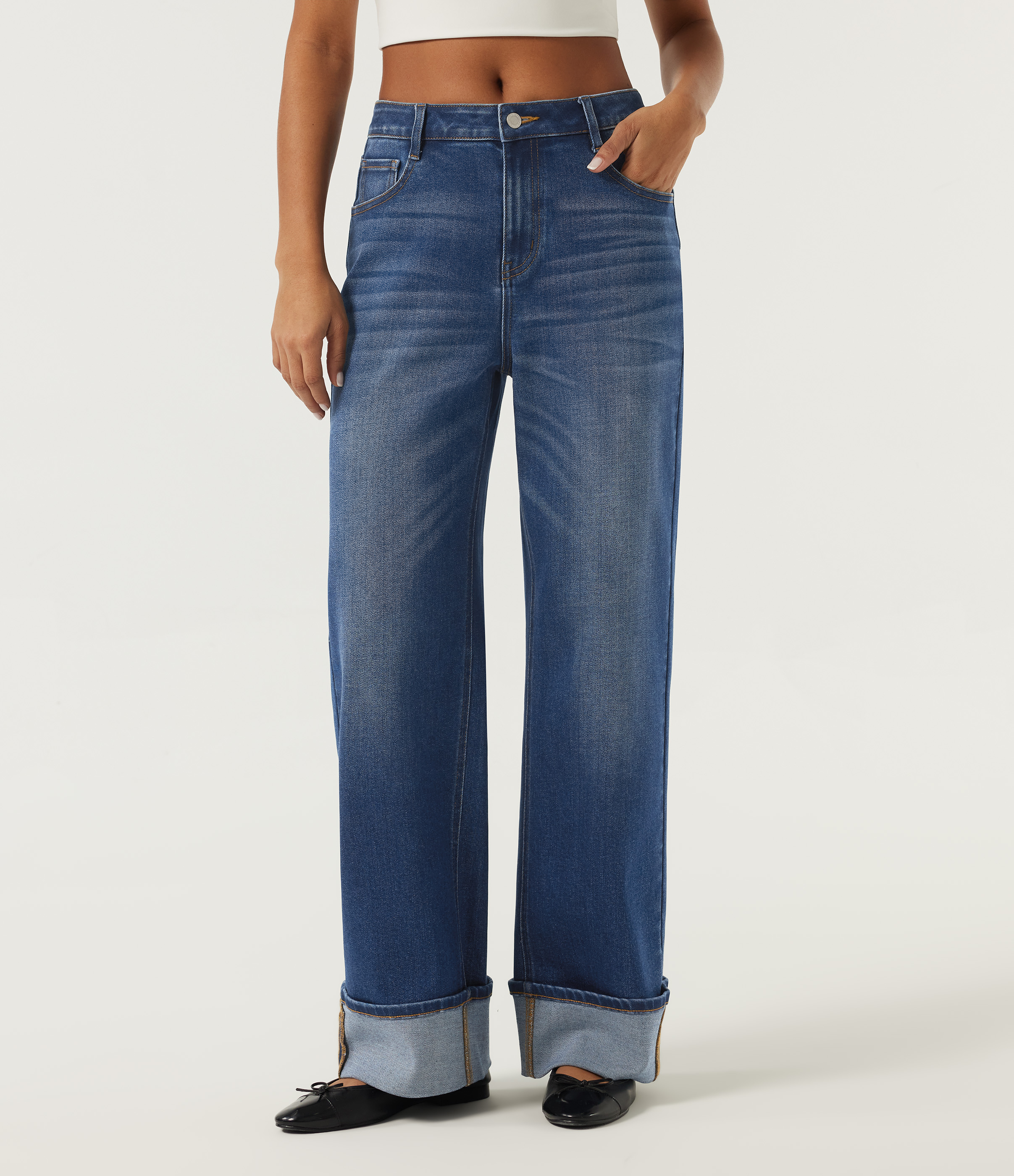 Mid Rise Wide Leg Casual Jeans with Pockets