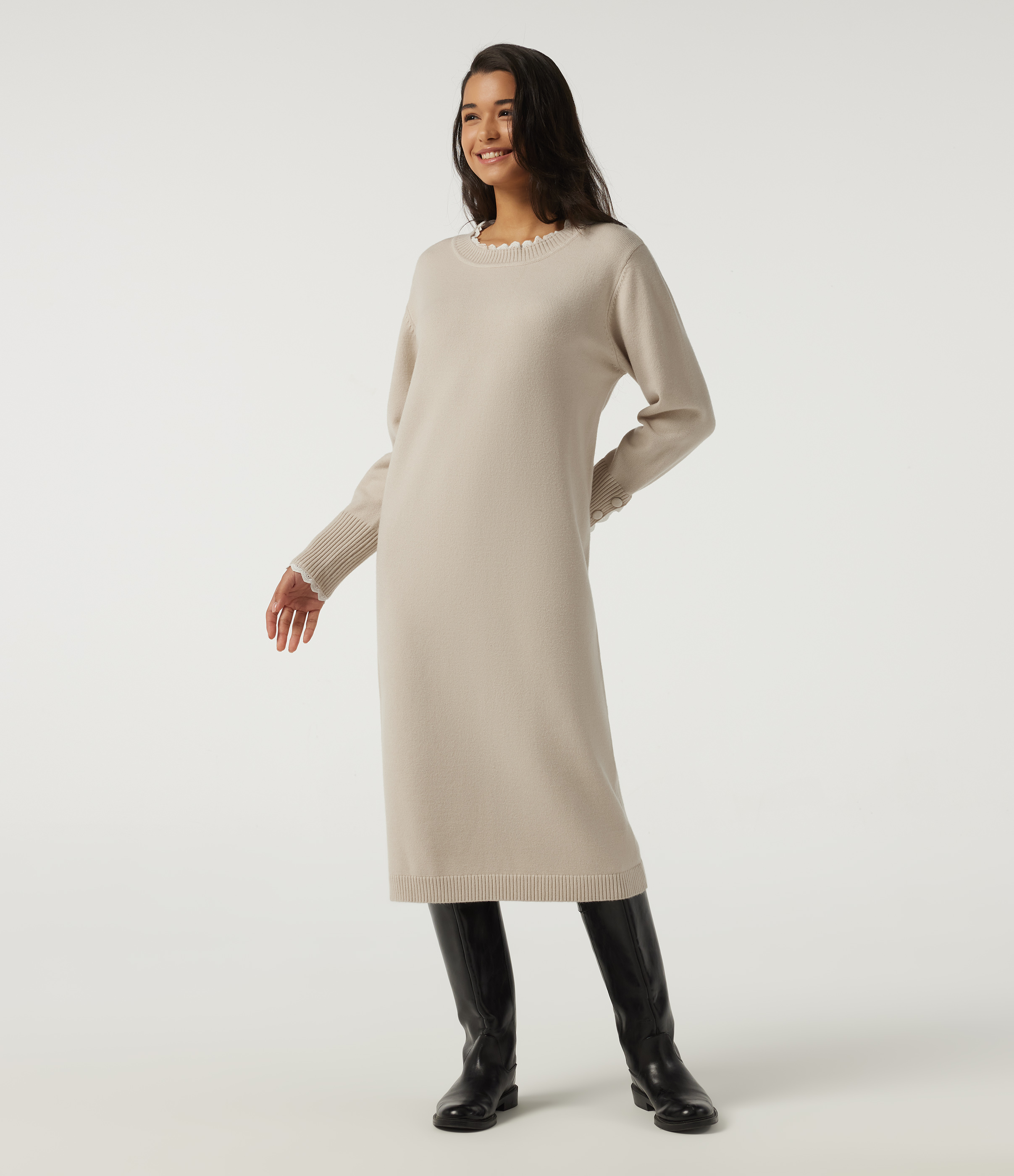 Round Neck Long Sleeve Midi Casual Dress