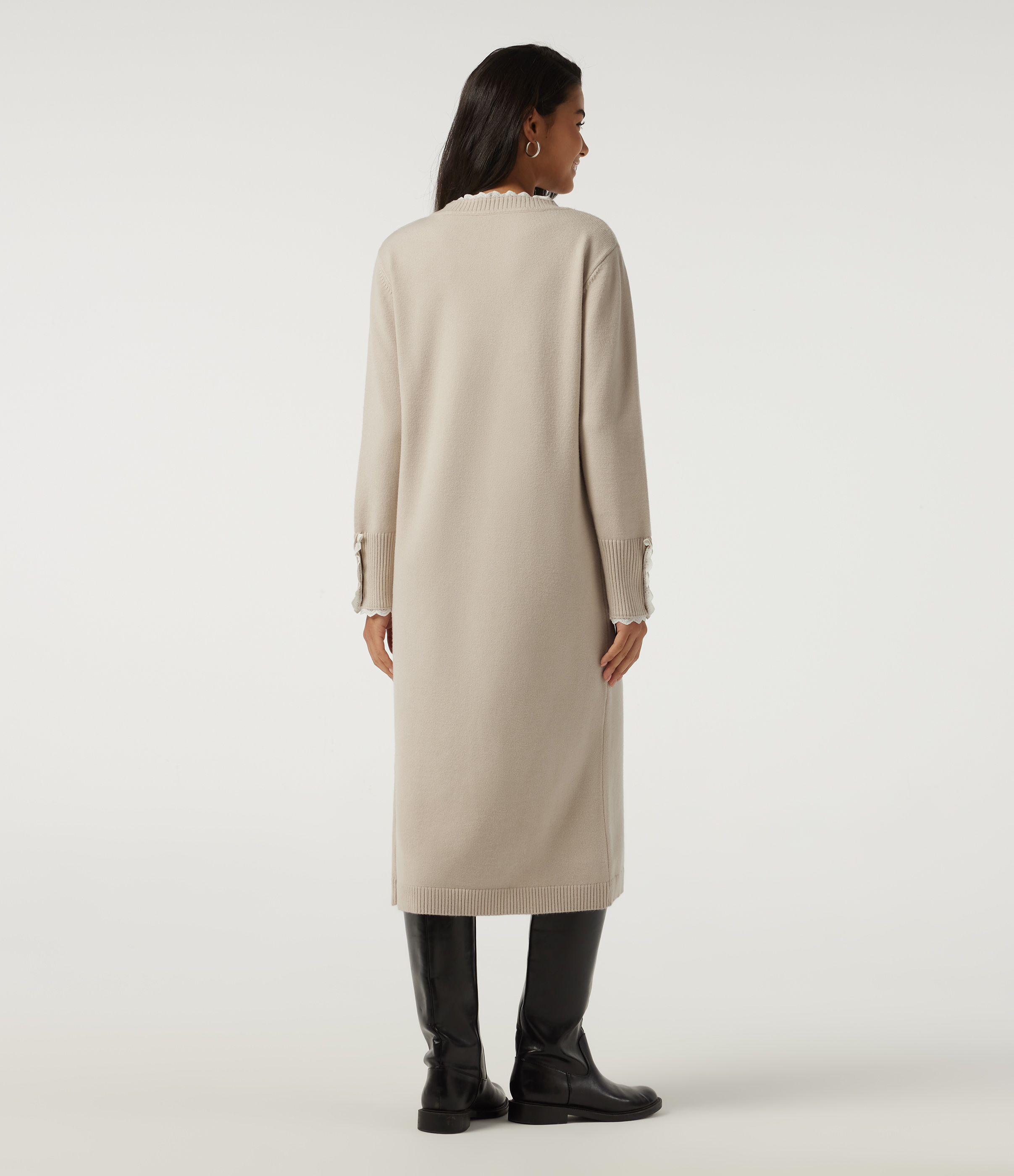 Oat Cream White Round Neck Long Sleeve Midi Casual Dress / 2