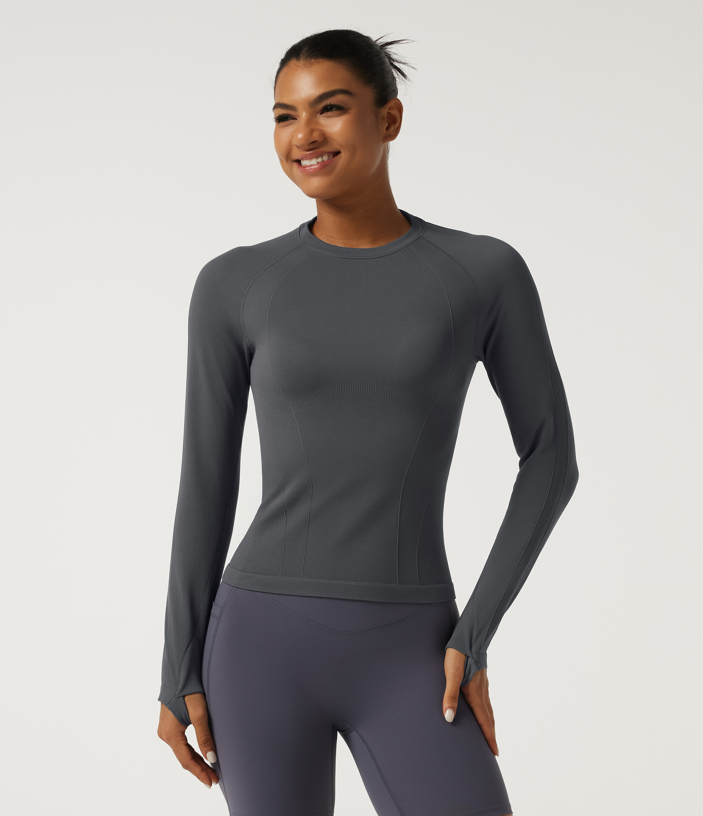 Round Neck Long Sleeve Casual Sports Top with Thumbholes