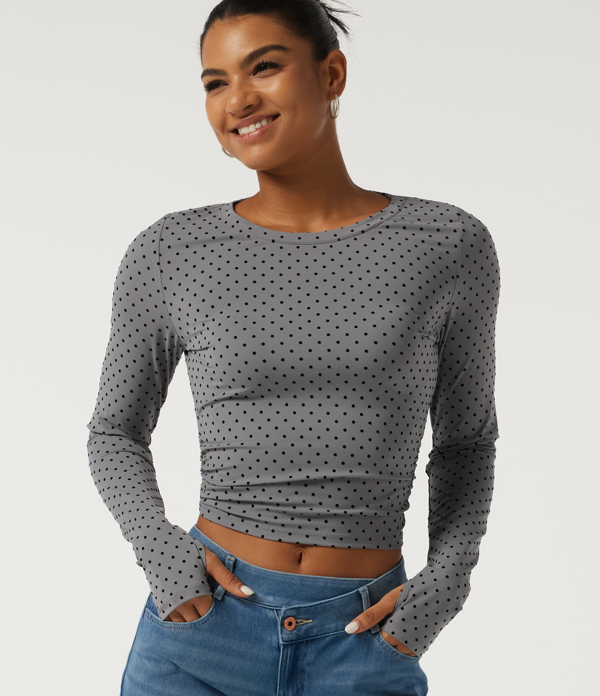 Round Neck Long Sleeve Ruched Polka Dot Yoga Sports Top with Thumb Holes