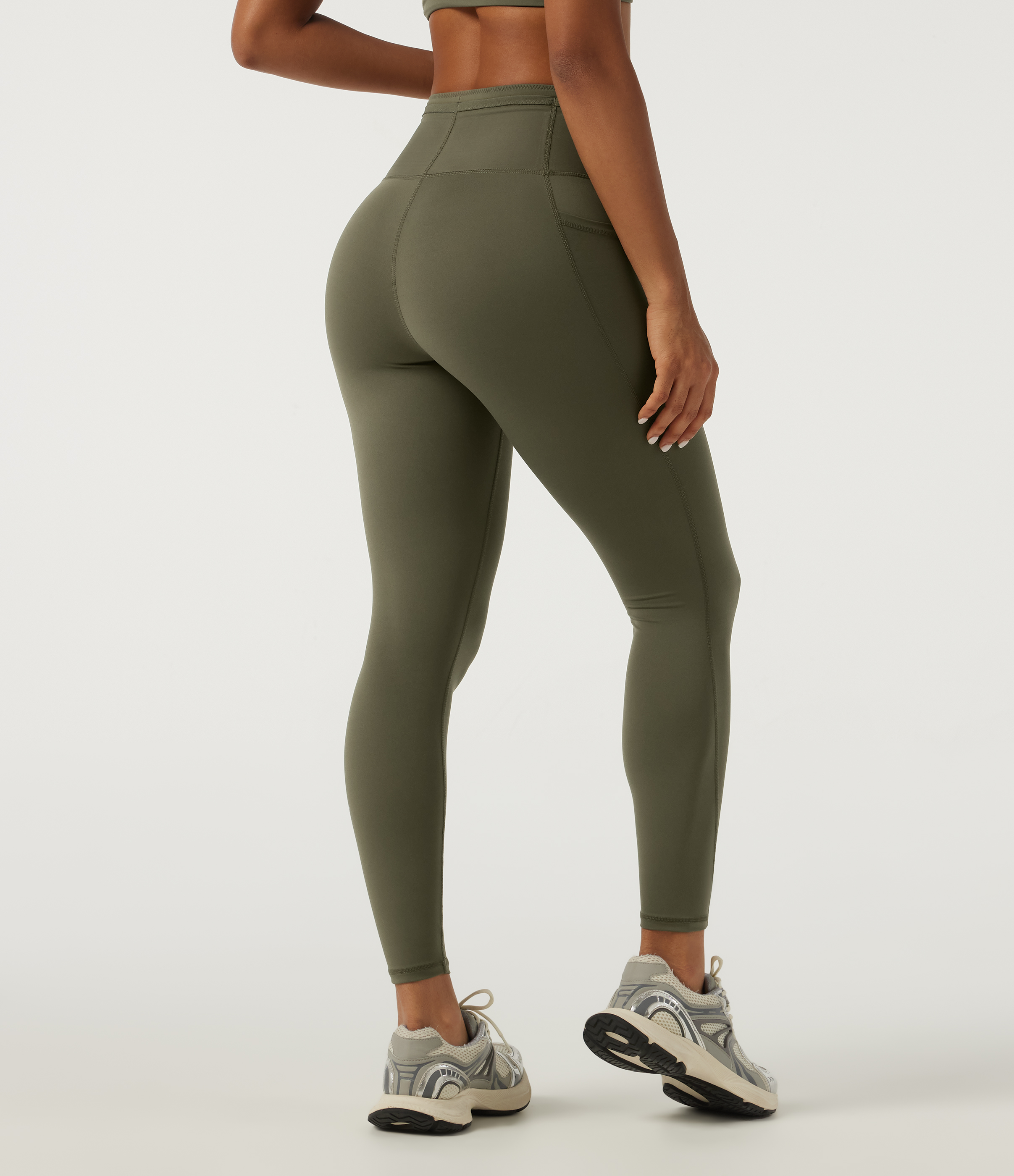 Grass Grey Green Quick Dry High Waisted Drawstring Tummy Control Running Leggings with Pockets / 2