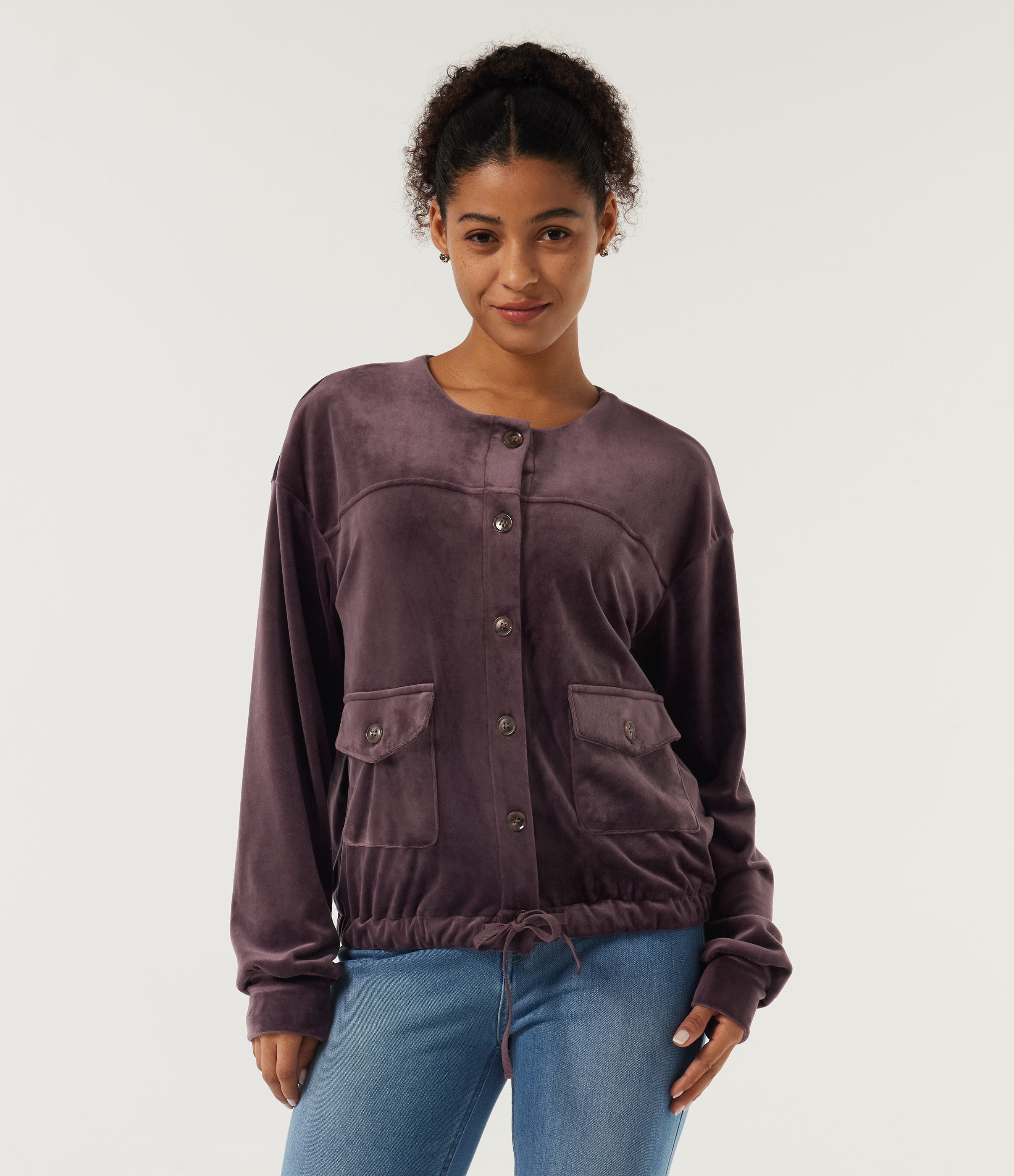 Round Neck Long Sleeve Drawstring Gathered Hem Work Sweatshirt with Pockets