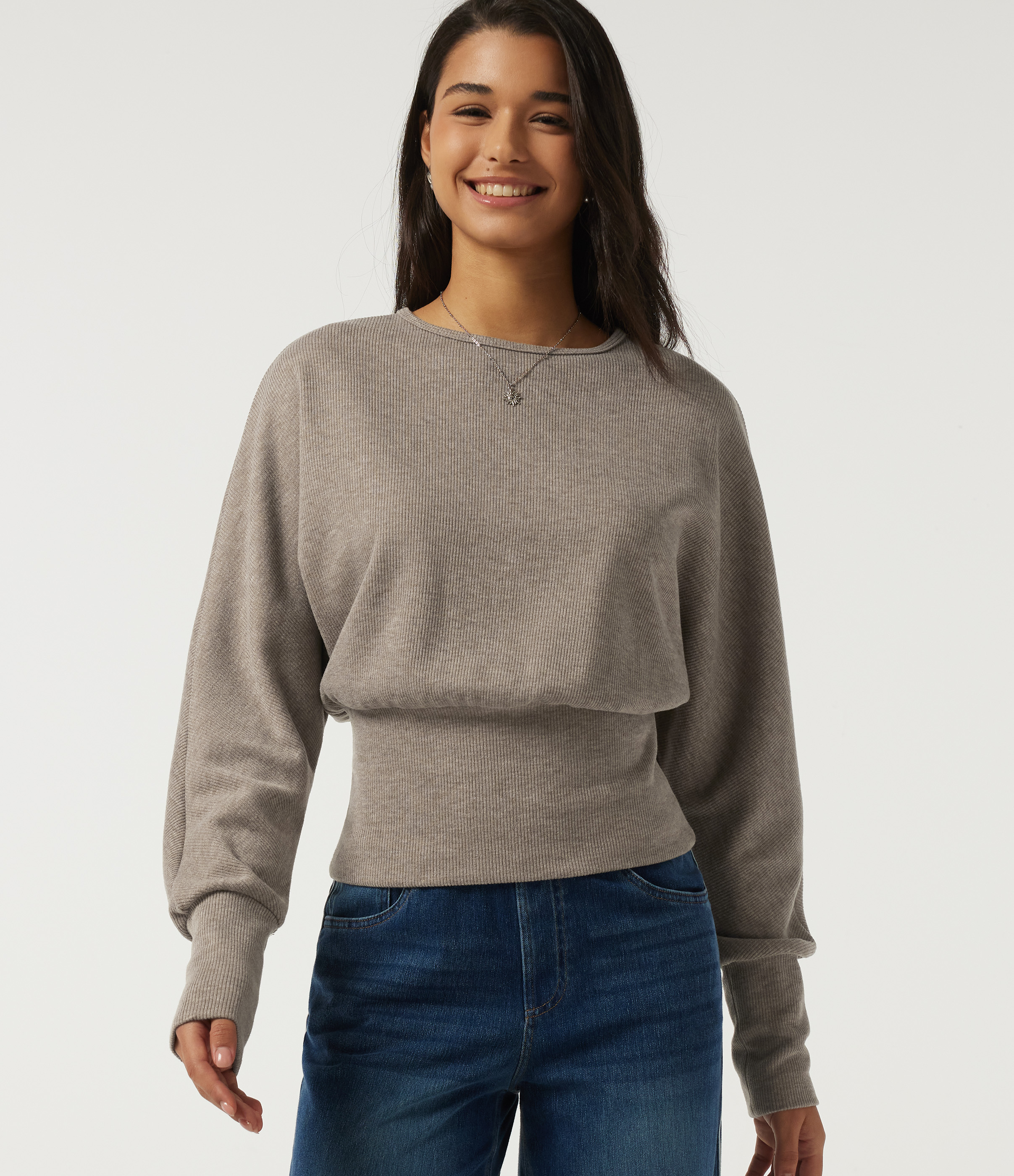 Ribbed Knit Round Neck Long Sleeve Casual Top