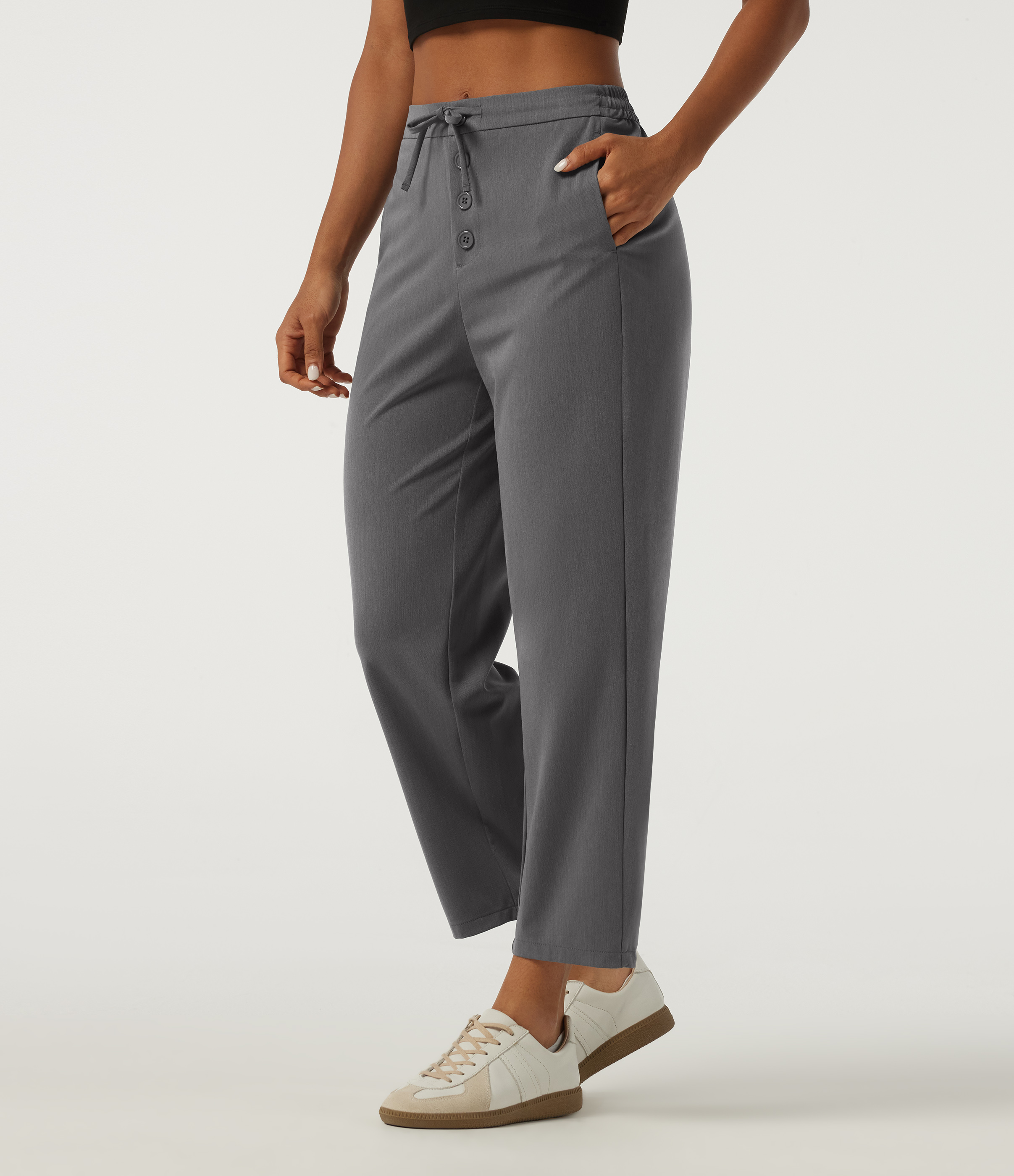 Mid Rise Drawstring Tapered Casual Pants with Pockets