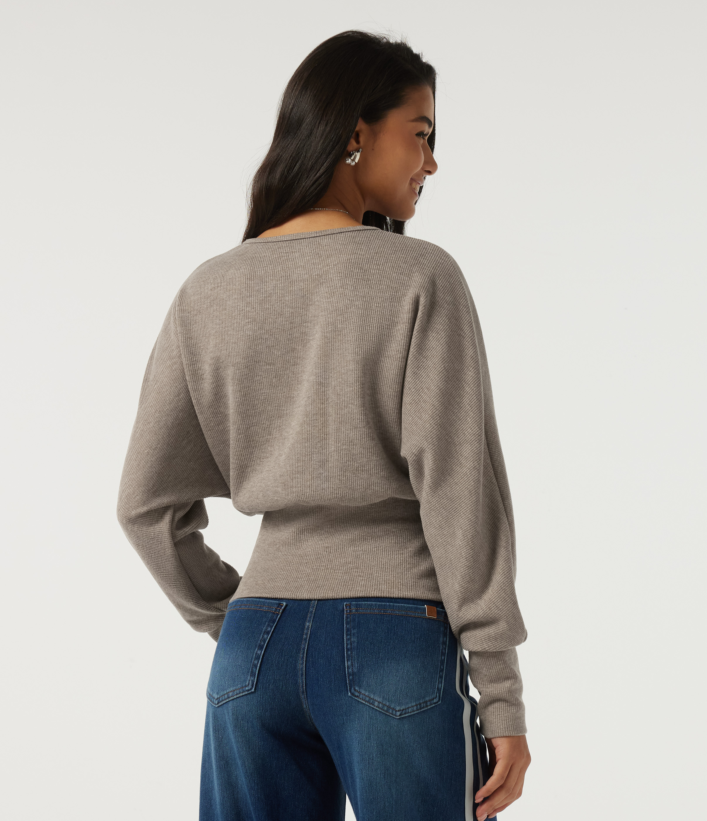  Taupe Stripe Ribbed Knit Round Neck Long Sleeve Casual Top / 2