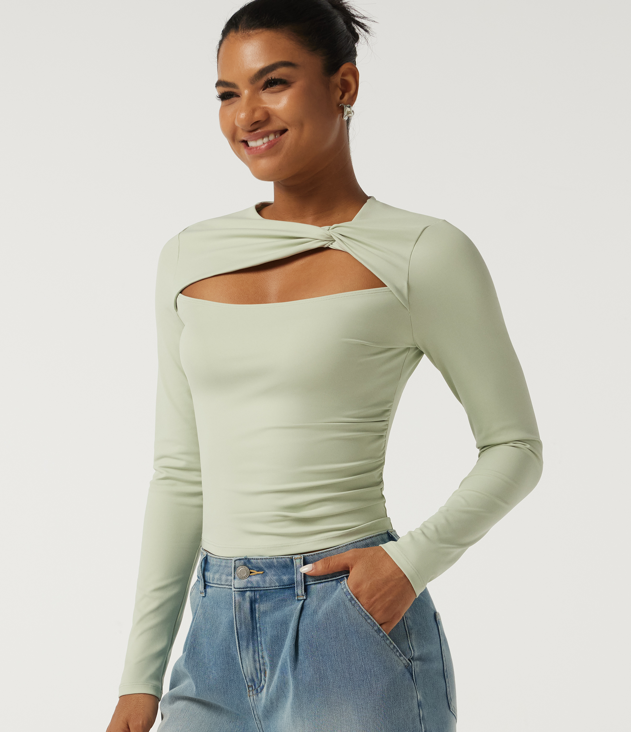SoftlyZero Airy InstantCool Twisted Round Neck Long Sleeve Cut Out Ruched Slim Casual Top