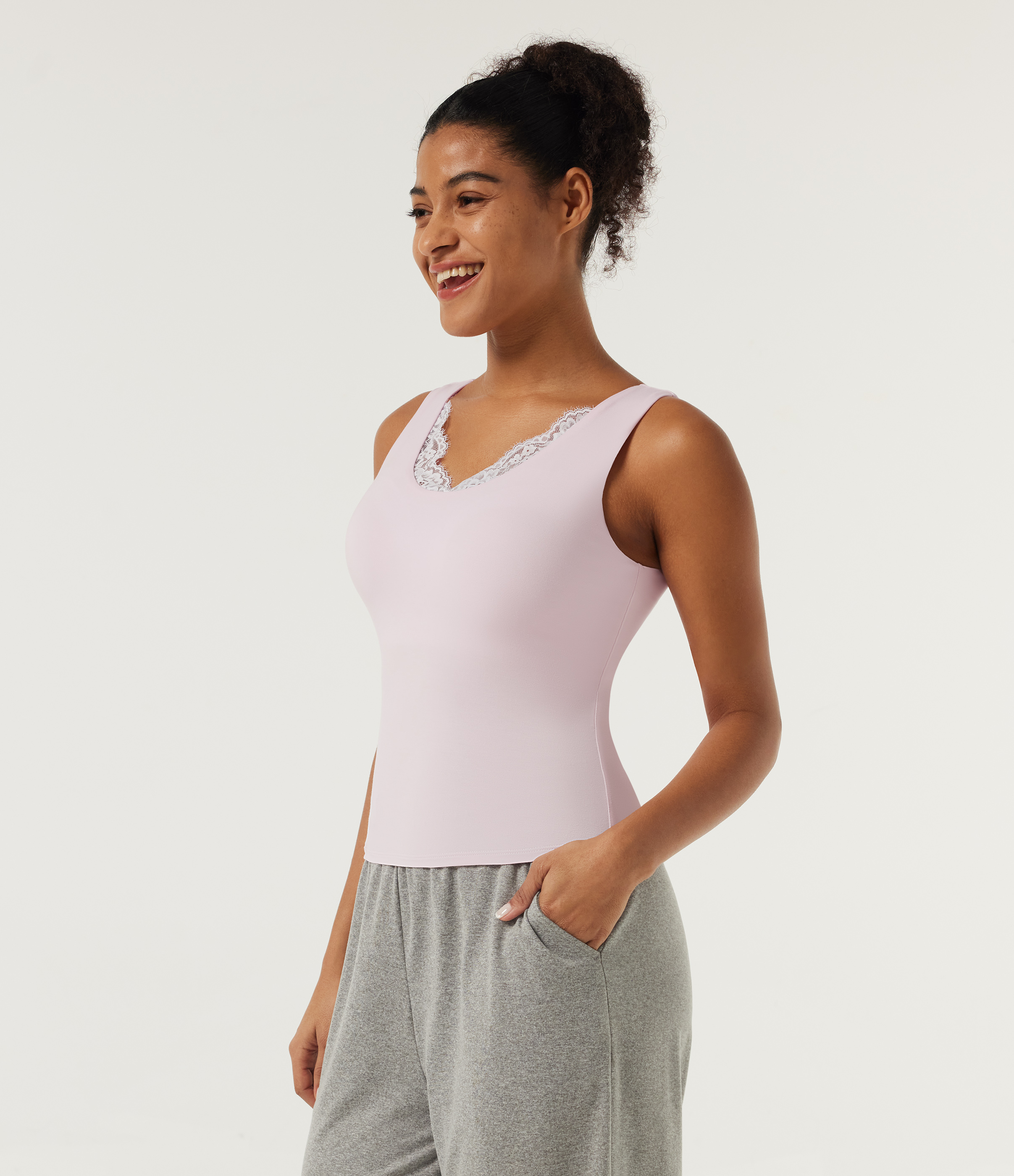 Parfait Pink InstantCool U Neck Built-in Bra Contrast Lace Slim Lounge Tank Top / 2