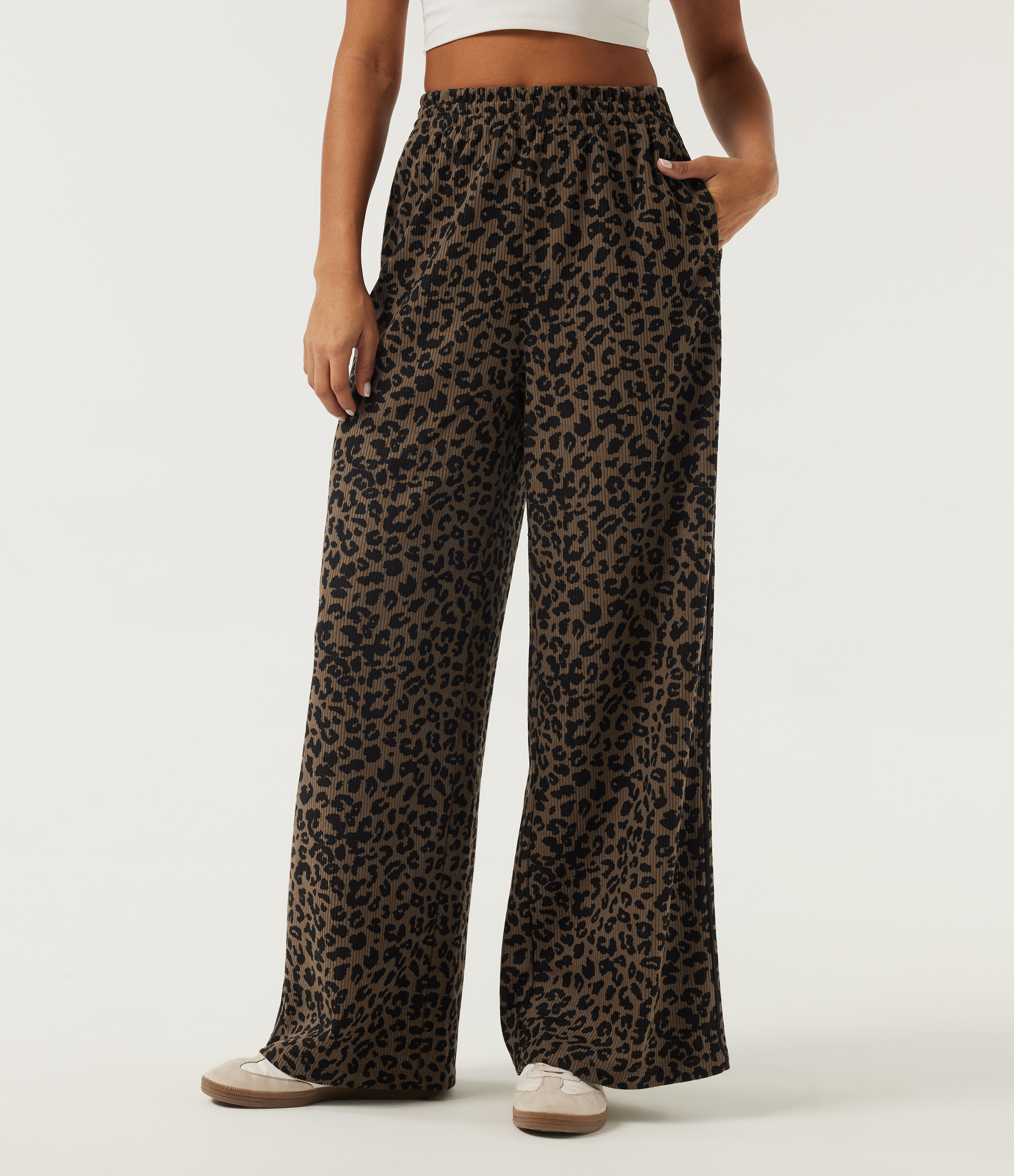 High Waisted Leopard Print Baggy Corduroy Casual Pants with Pockets