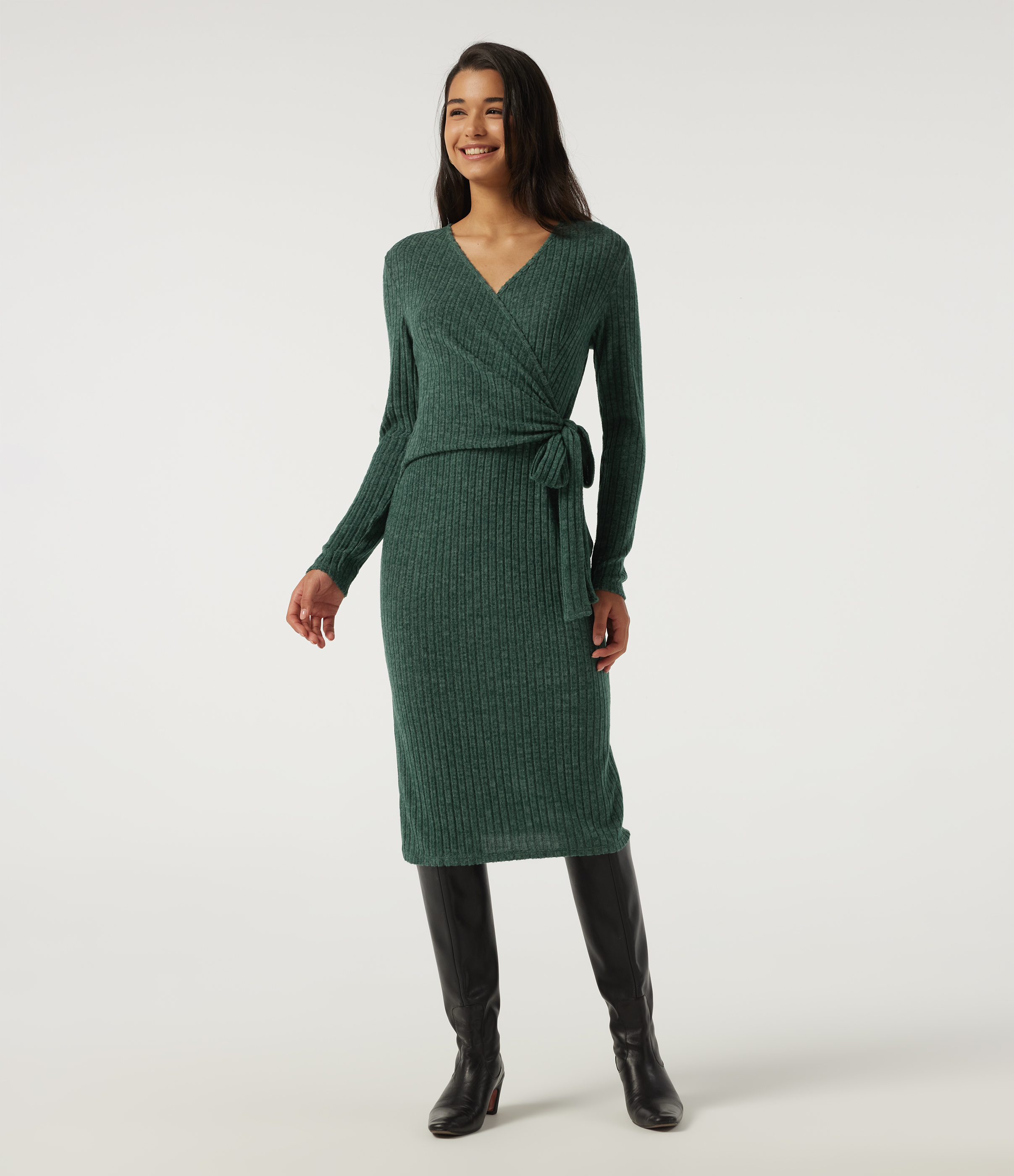 Ribbed Knit V Neck Long Sleeve Work Bodycon Midi Dress