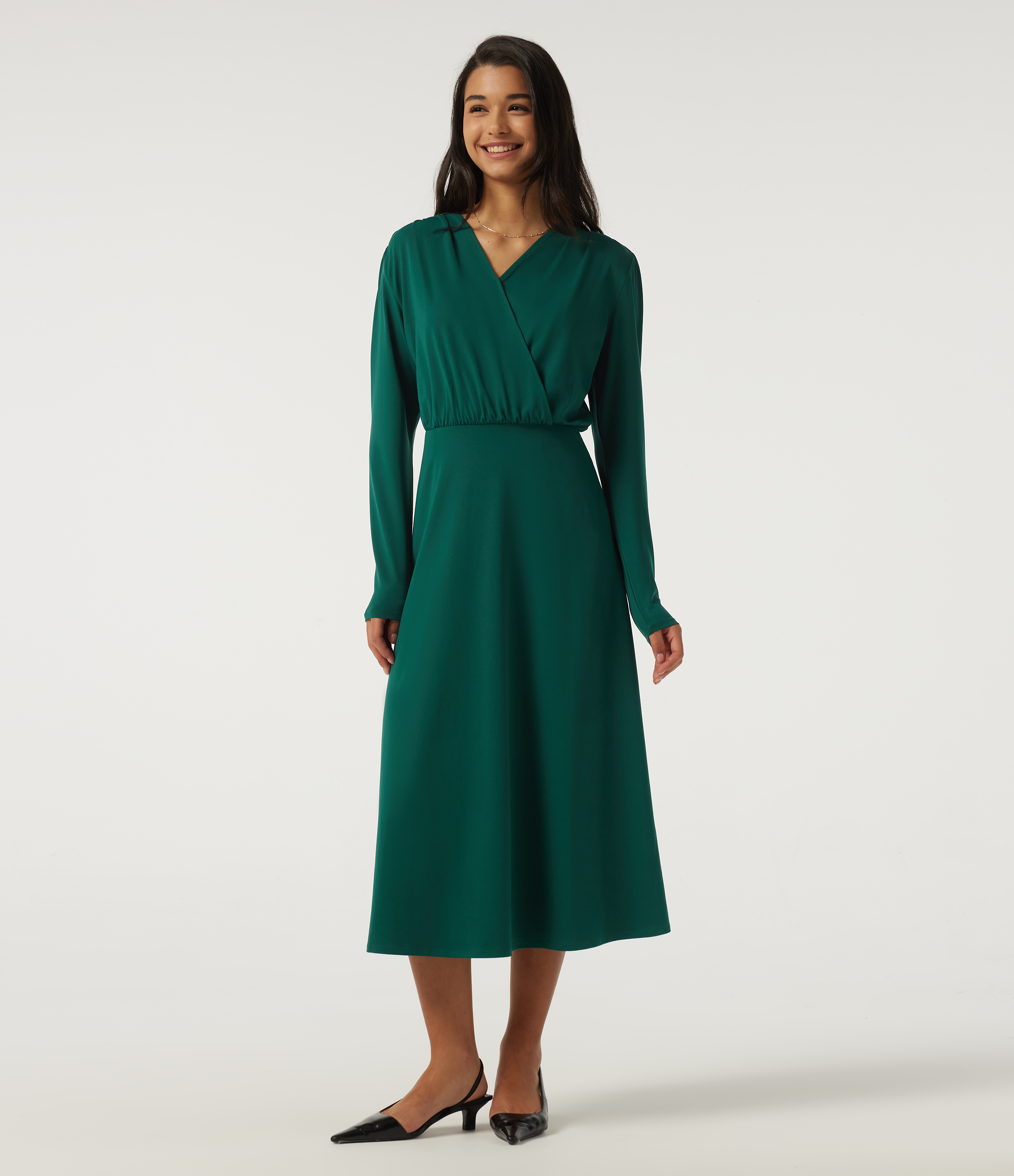 V Neck Long Sleeve Crossover A-Line Work Midi Dress with Pockets