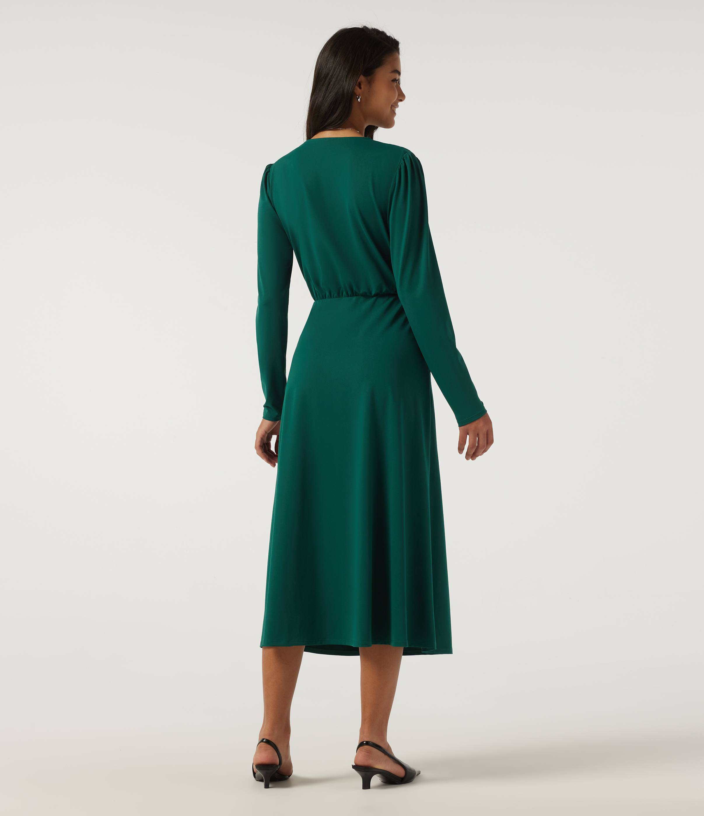 Rain Forest V Neck Long Sleeve Crossover A-Line Work Midi Dress with Pockets / 2
