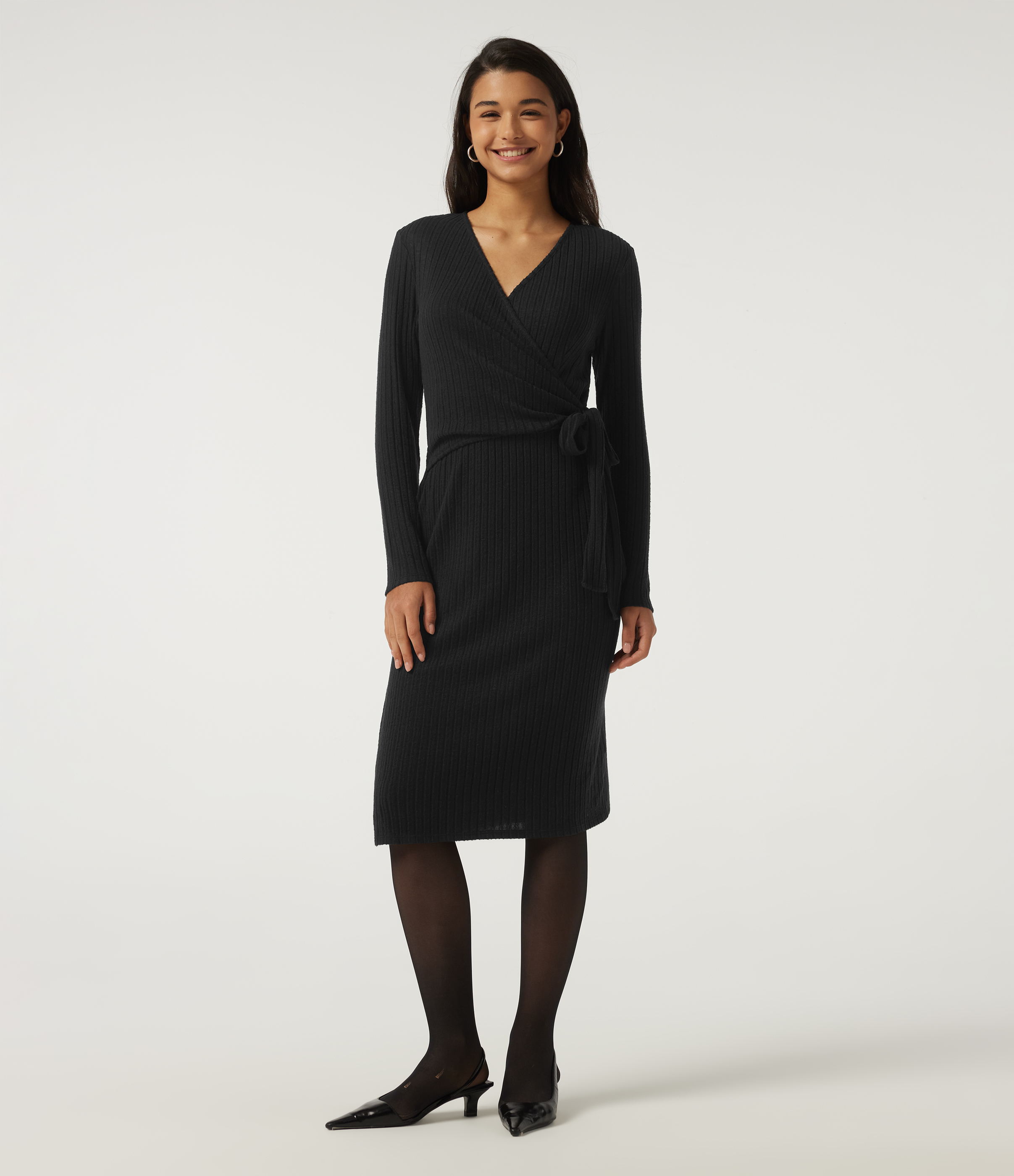Ribbed Knit V Neck Long Sleeve Work Bodycon Midi Dress