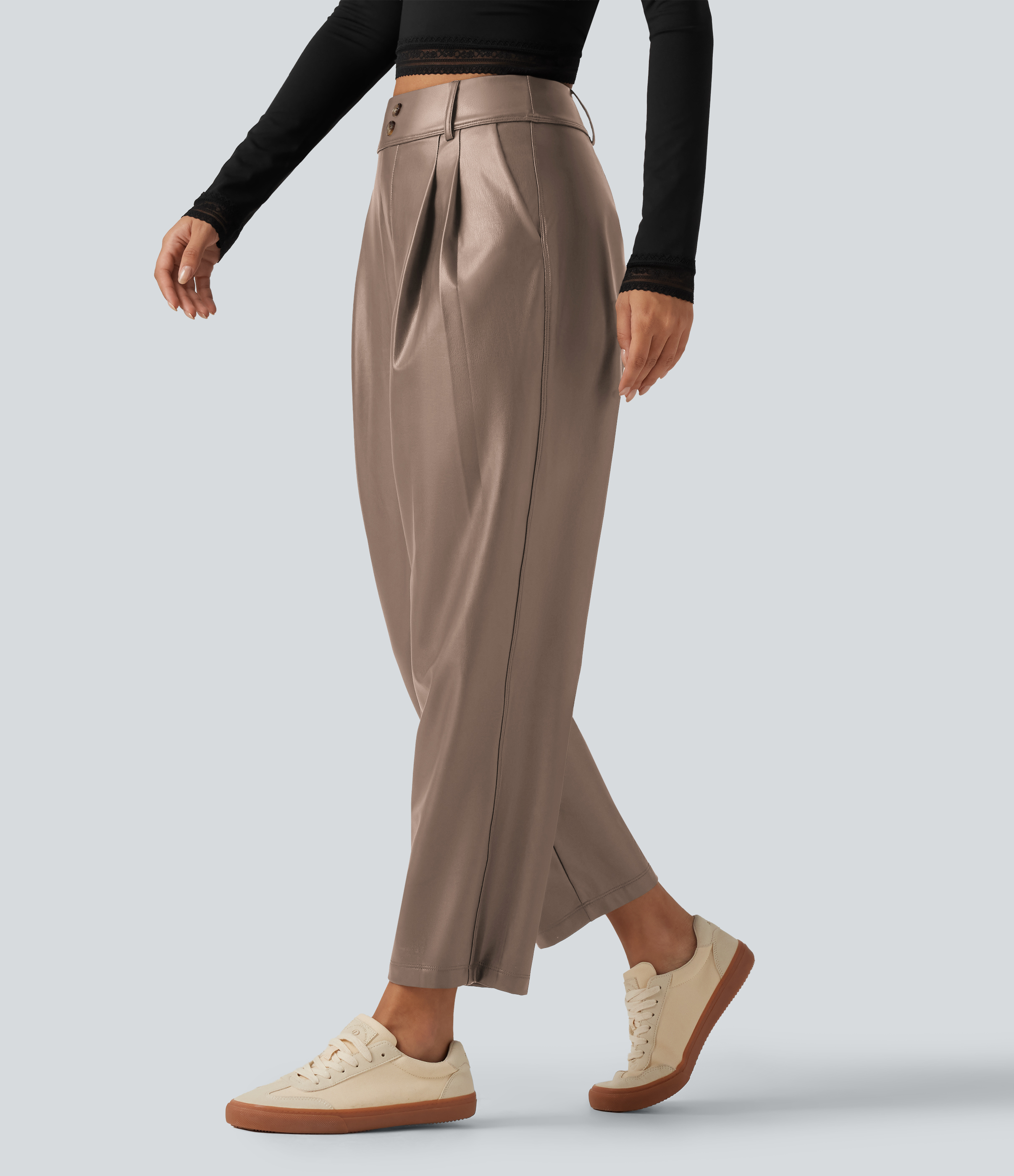 High Waisted Tapered Stretchy PU Fleece Casual Trousers with Pockets