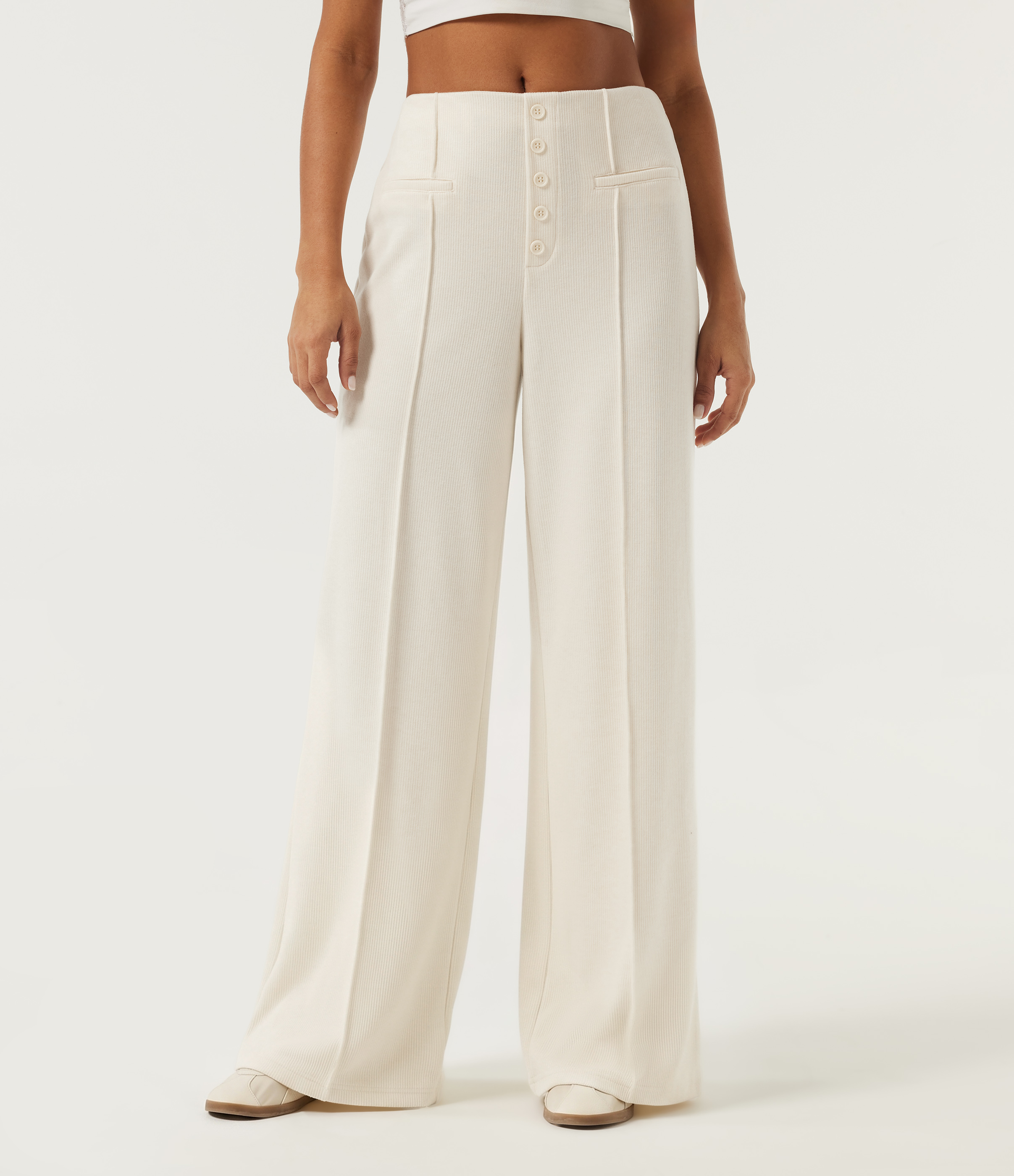 Ribbed Knit Mid Rise Wide Leg Pintuck Casual Pants with Pockets