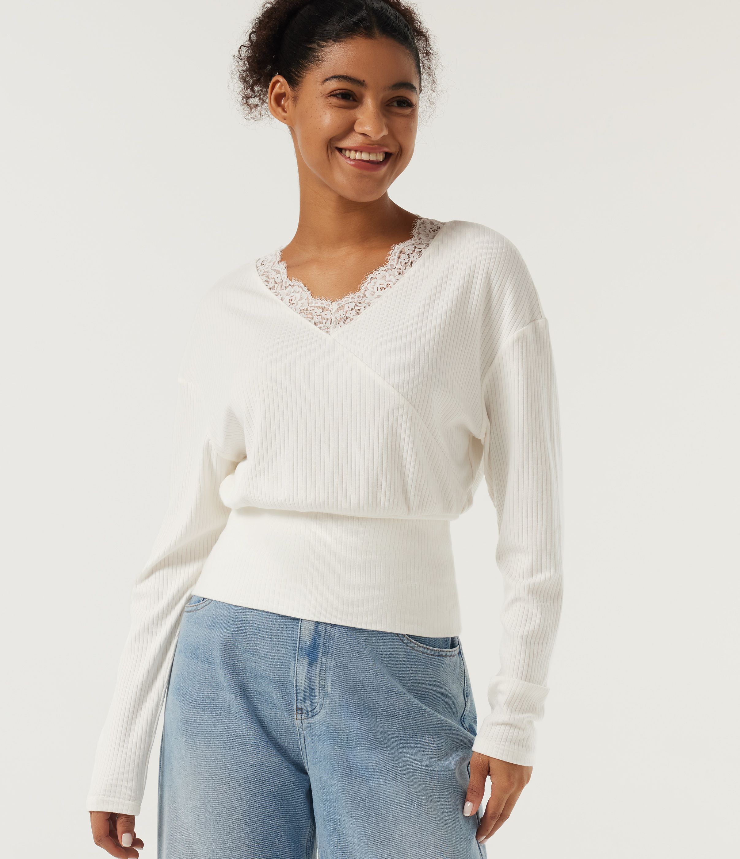 V Neck Long Sleeve Contrast Lace Casual Top