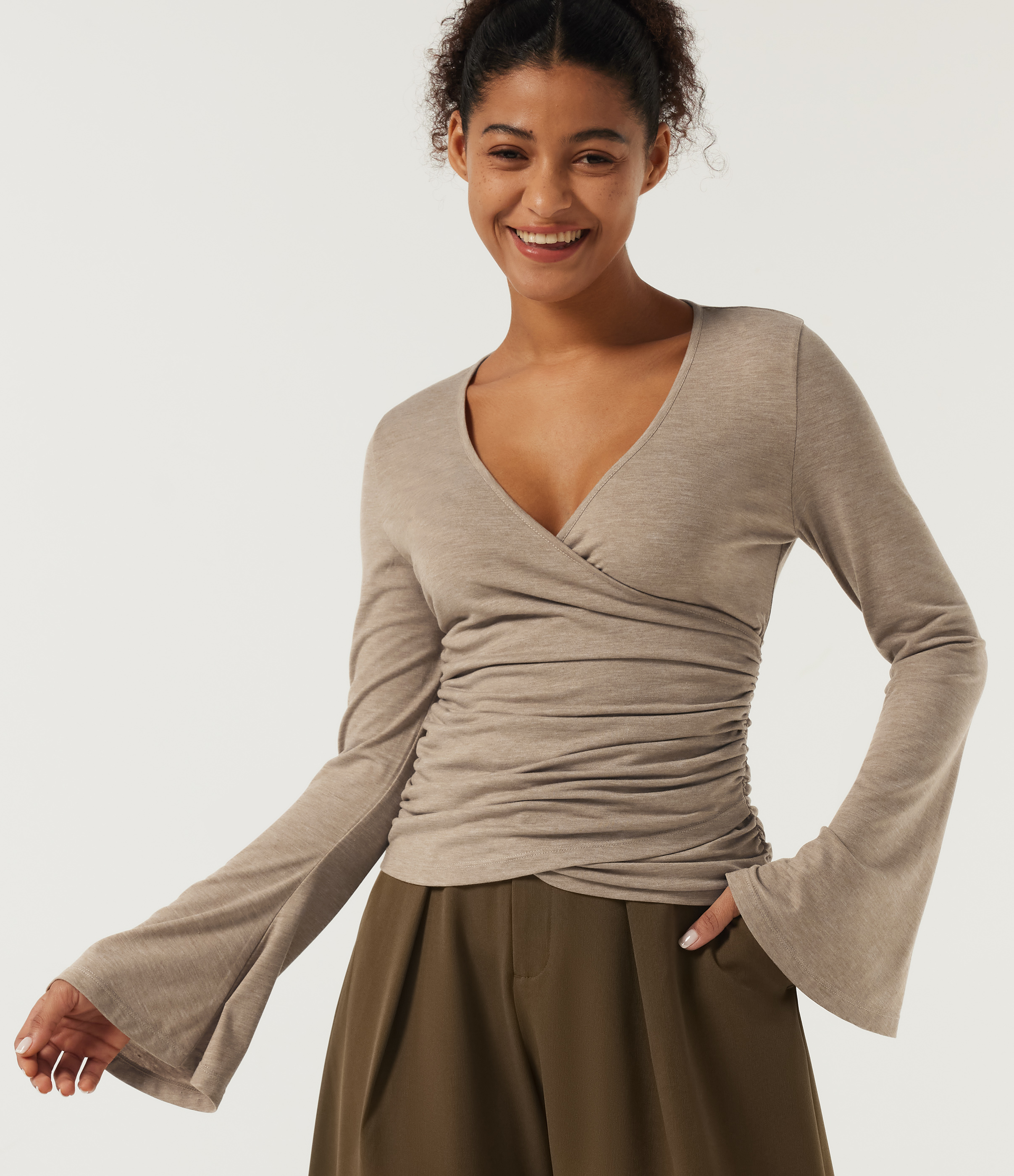 V Neck Flounce Long Sleeve Crossover Ruched Casual T-Shirt
