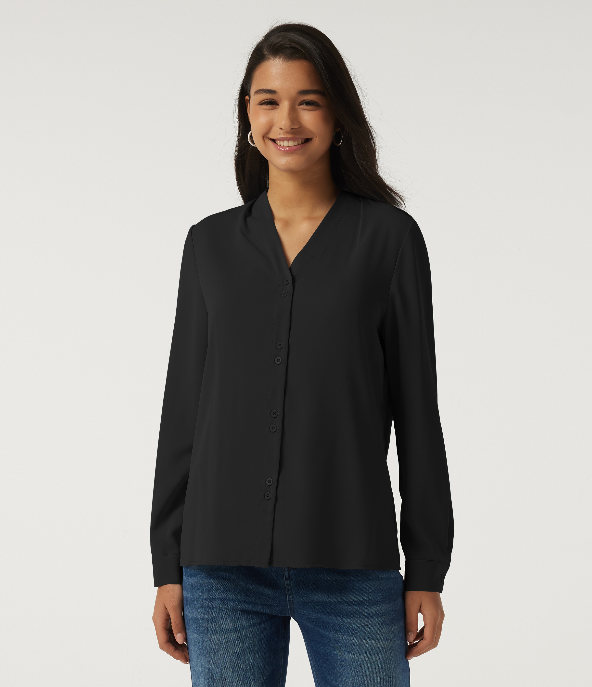 V Neck Long Sleeve Boxy Work Blouse