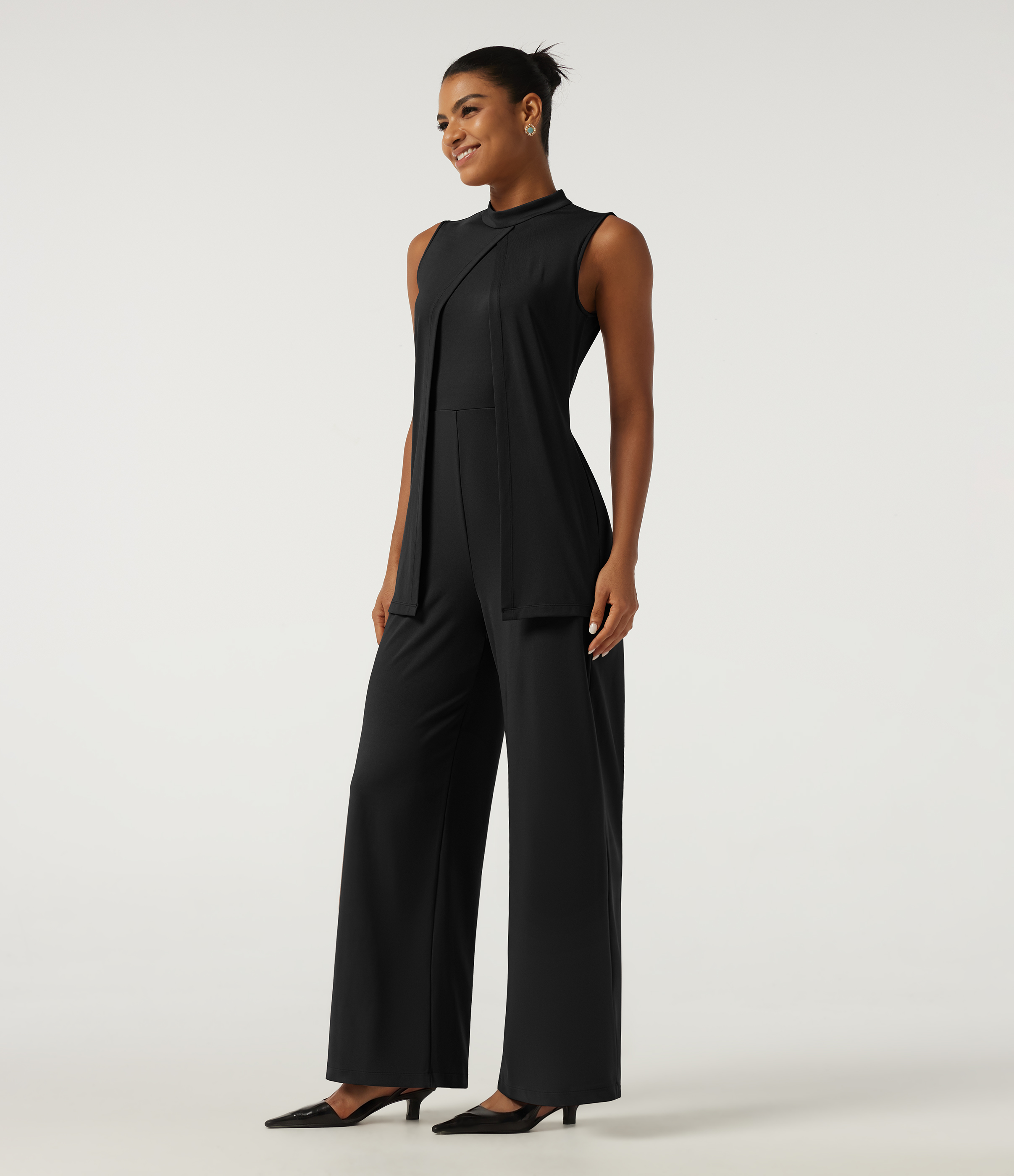 Mock Neck Split Sleeveless Straight Leg Party Jumpsuit with Pockets -Easy Peezy Edition