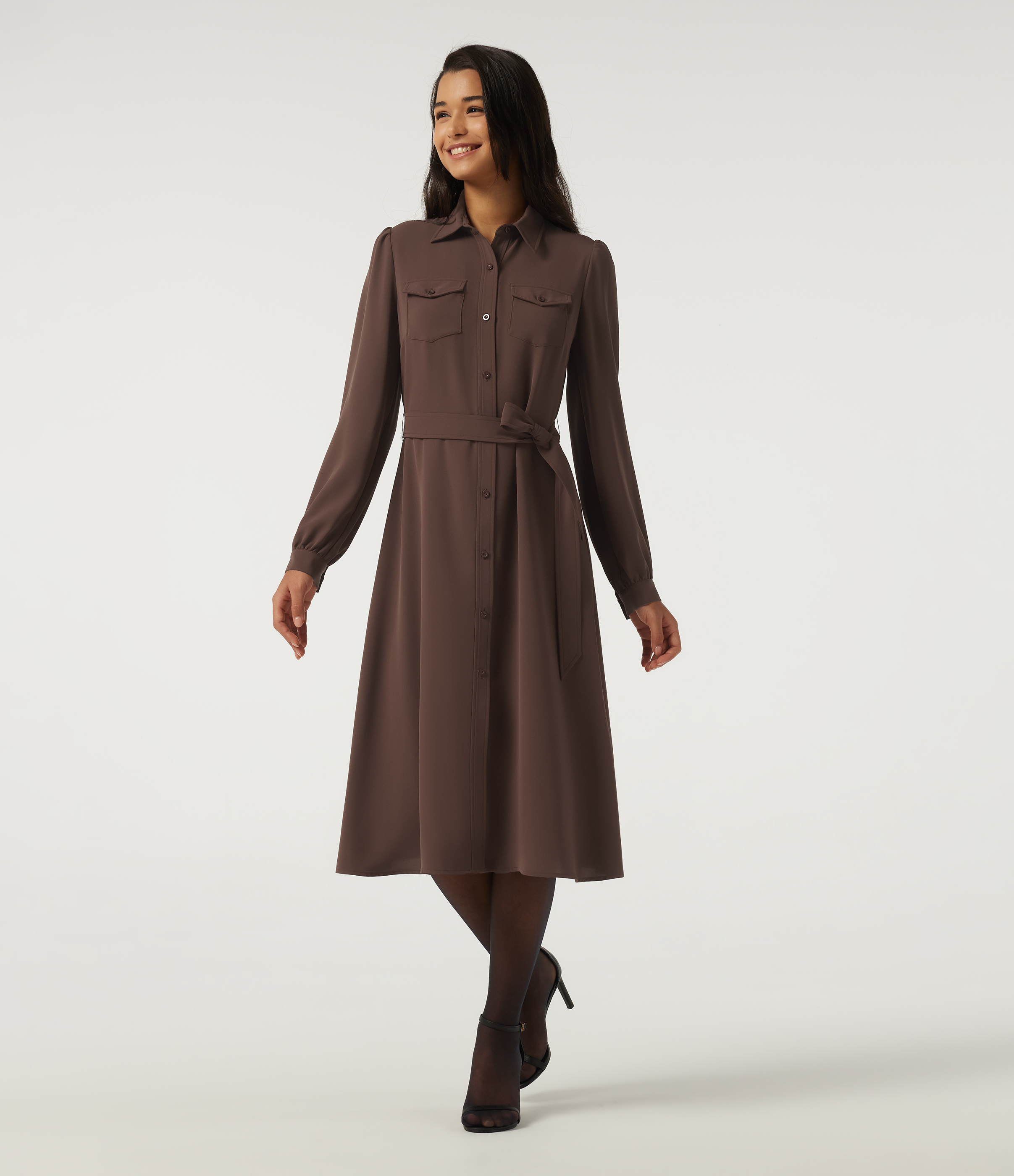 Brown Stone Long Sleeve Belted Pleated Midi Work Shirt Dress / 2