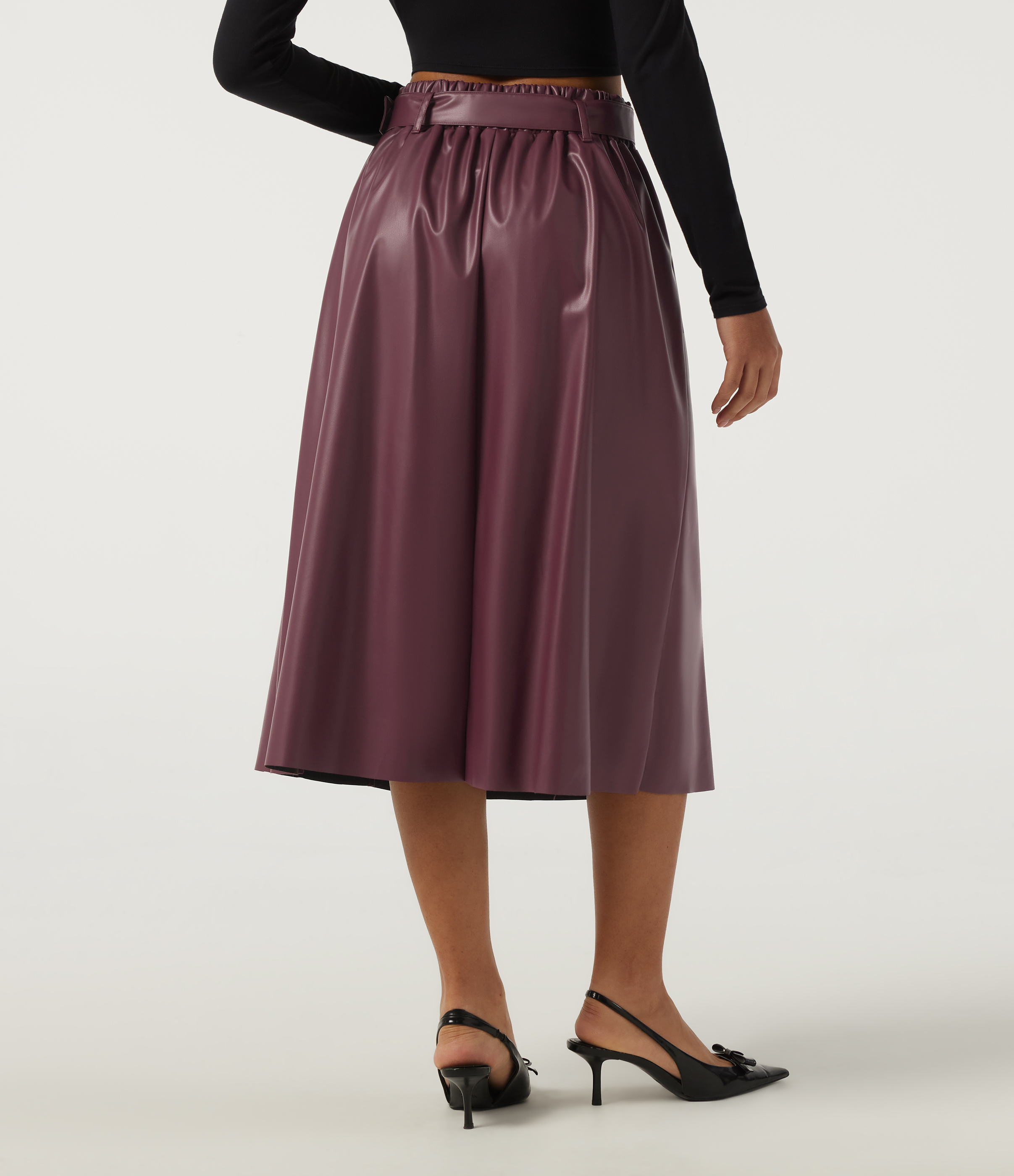 Mauve Wine High Waisted A-Line Work Faux Leather Midi Skirt with Pockets / 2