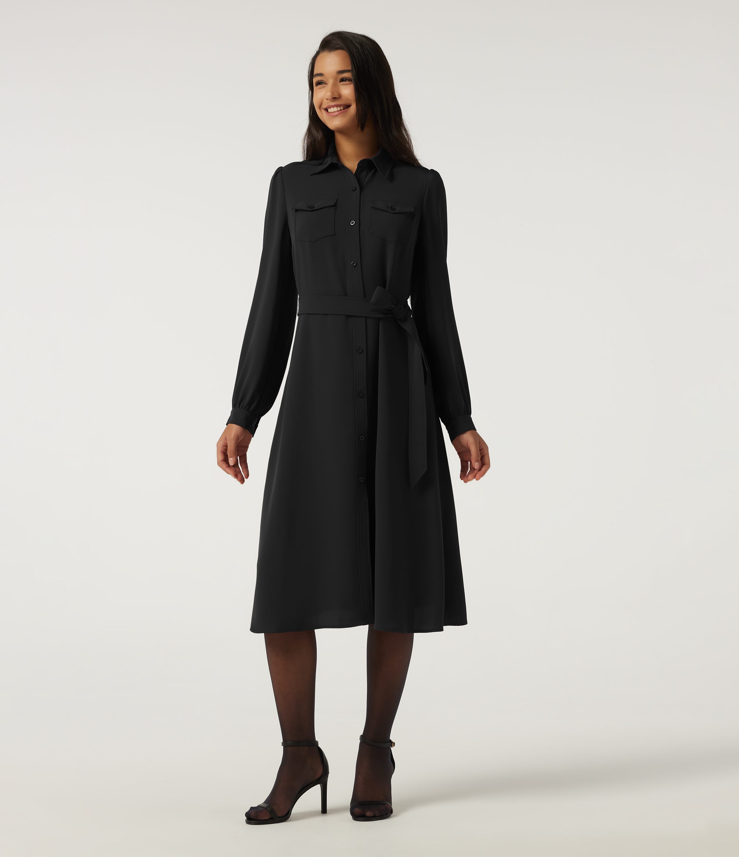 Long Sleeve Belted Pleated Midi Work Shirt Dress
