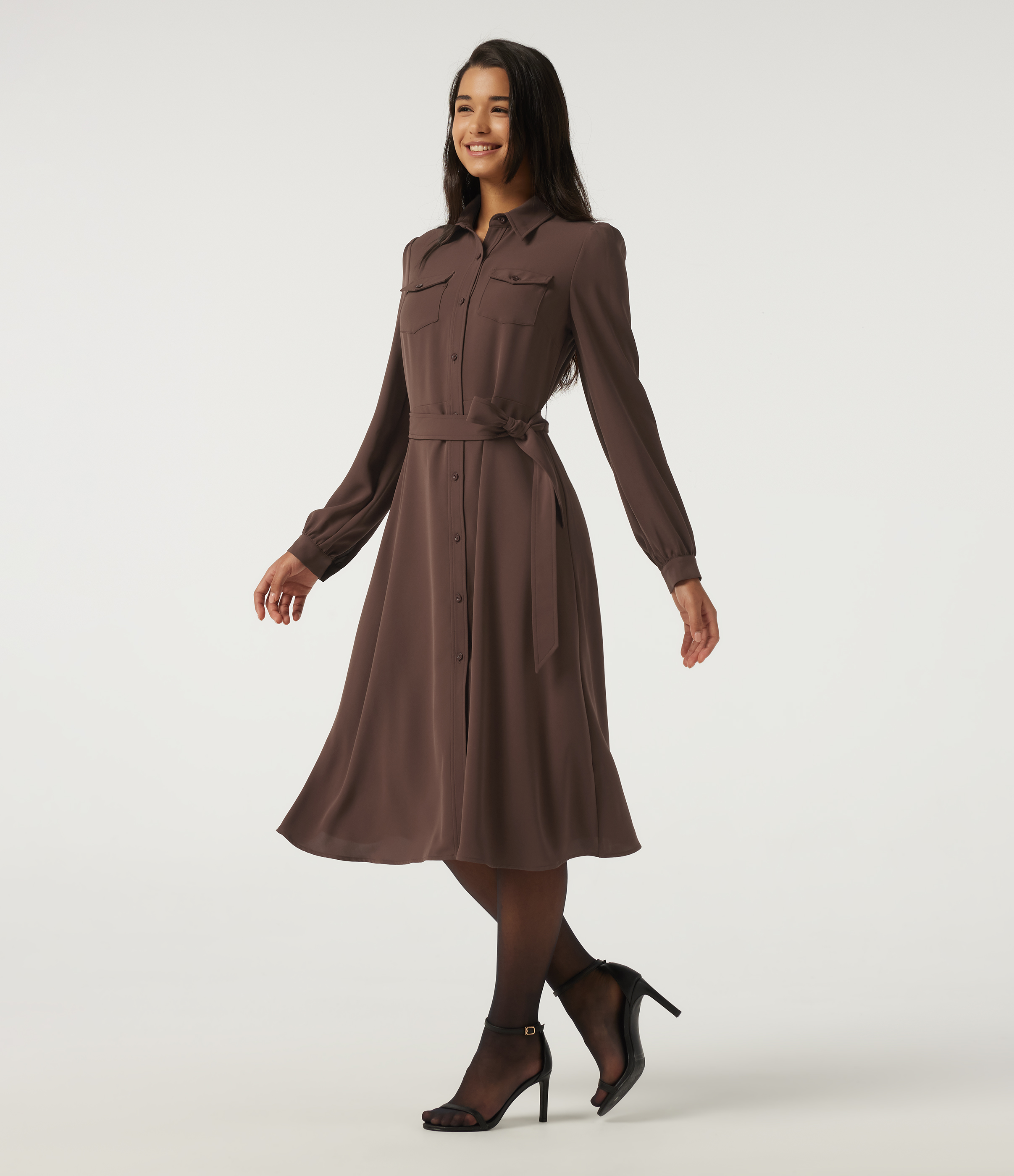 Long Sleeve Belted Pleated Midi Work Shirt Dress