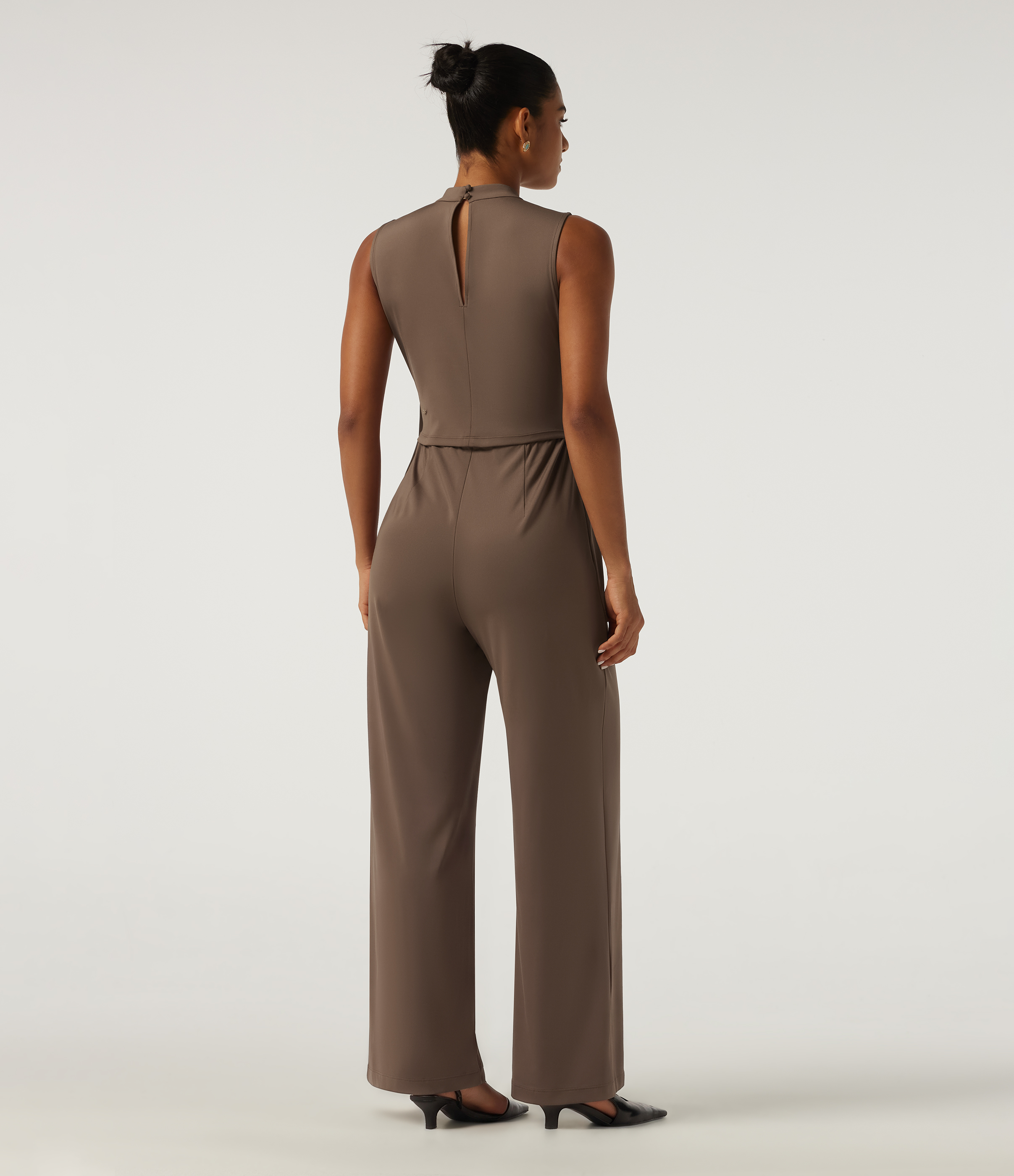 Pecan Pie Mock Neck Split Sleeveless Straight Leg Party Jumpsuit with Pockets -Easy Peezy Edition / 2