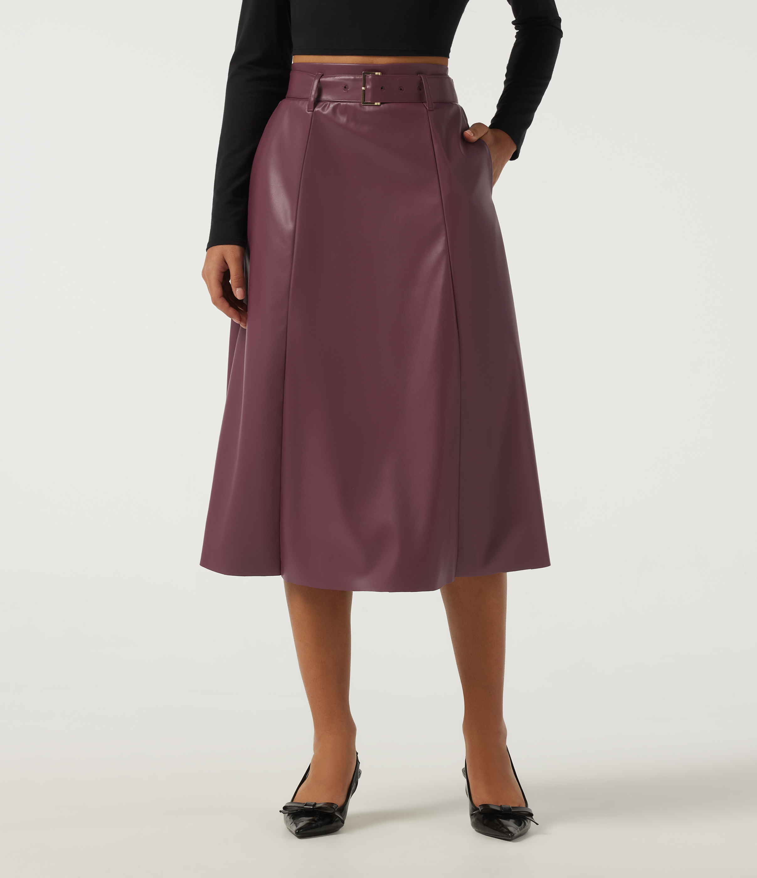 High Waisted A-Line Work Faux Leather Midi Skirt with Pockets