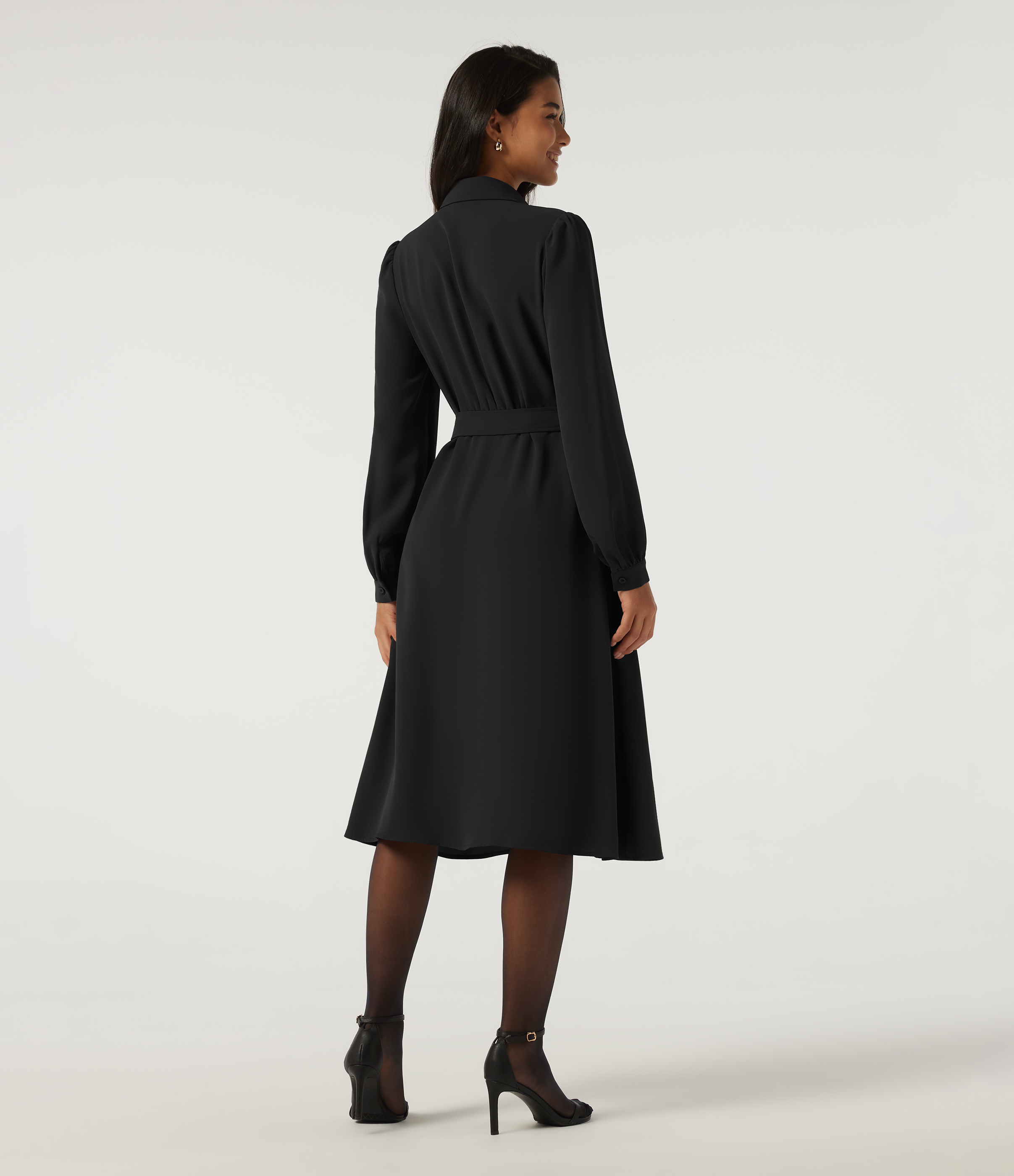 Black Long Sleeve Belted Pleated Midi Work Shirt Dress / 2