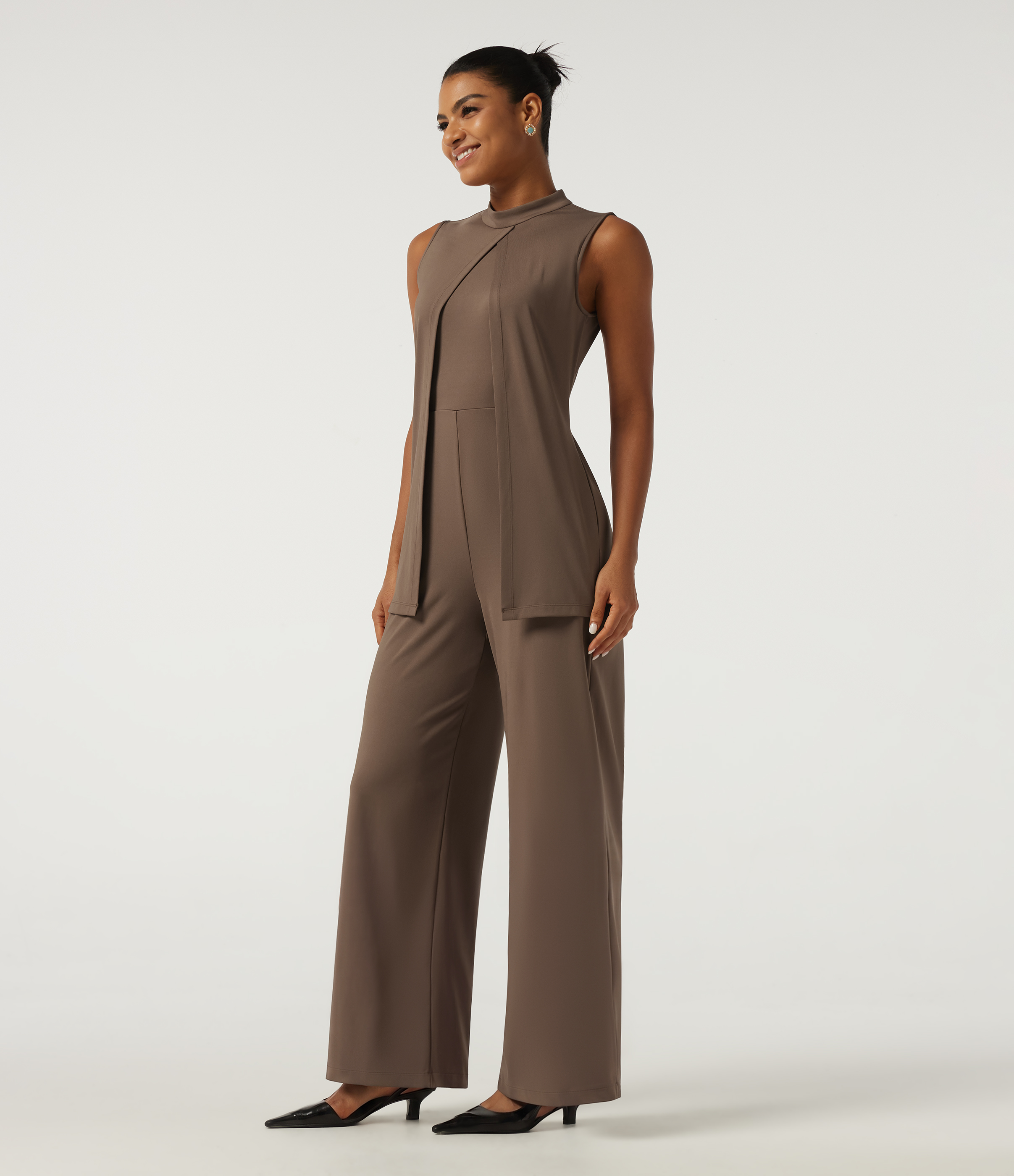 Mock Neck Split Sleeveless Straight Leg Party Jumpsuit with Pockets -Easy Peezy Edition