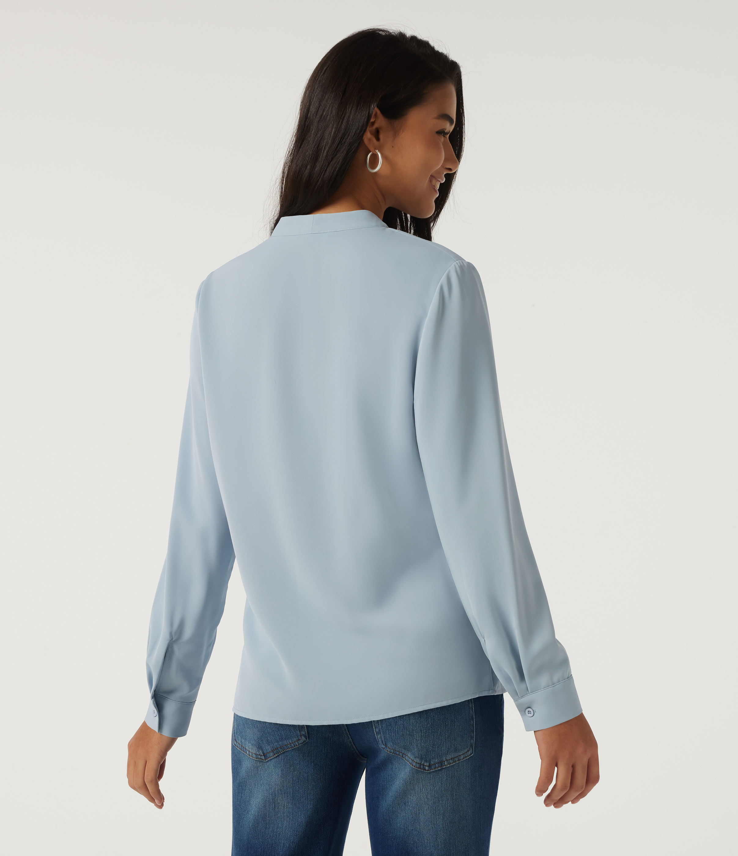 Misty Rain Grey V Neck Long Sleeve Boxy Work Blouse / 2