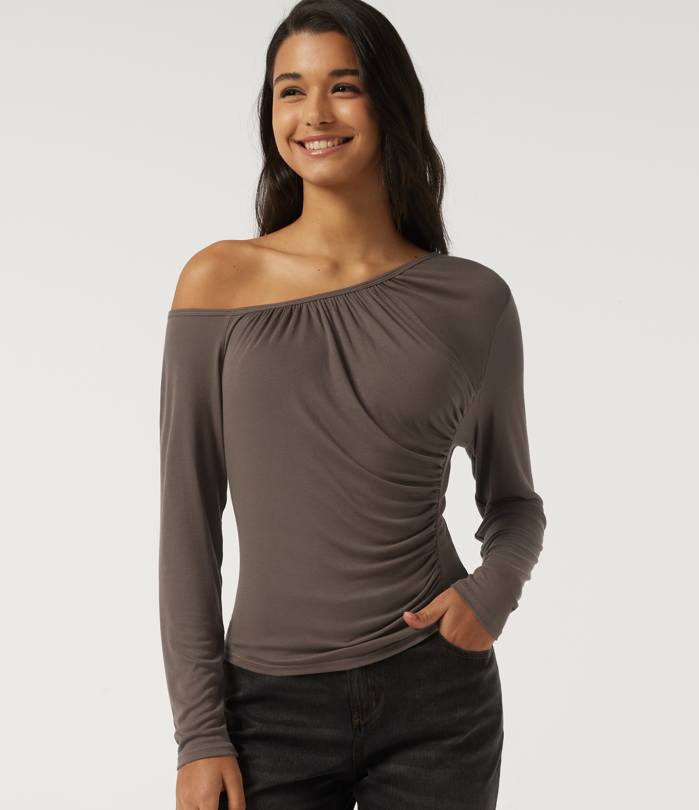 One Shoulder Long Sleeve Ruched Casual Top
