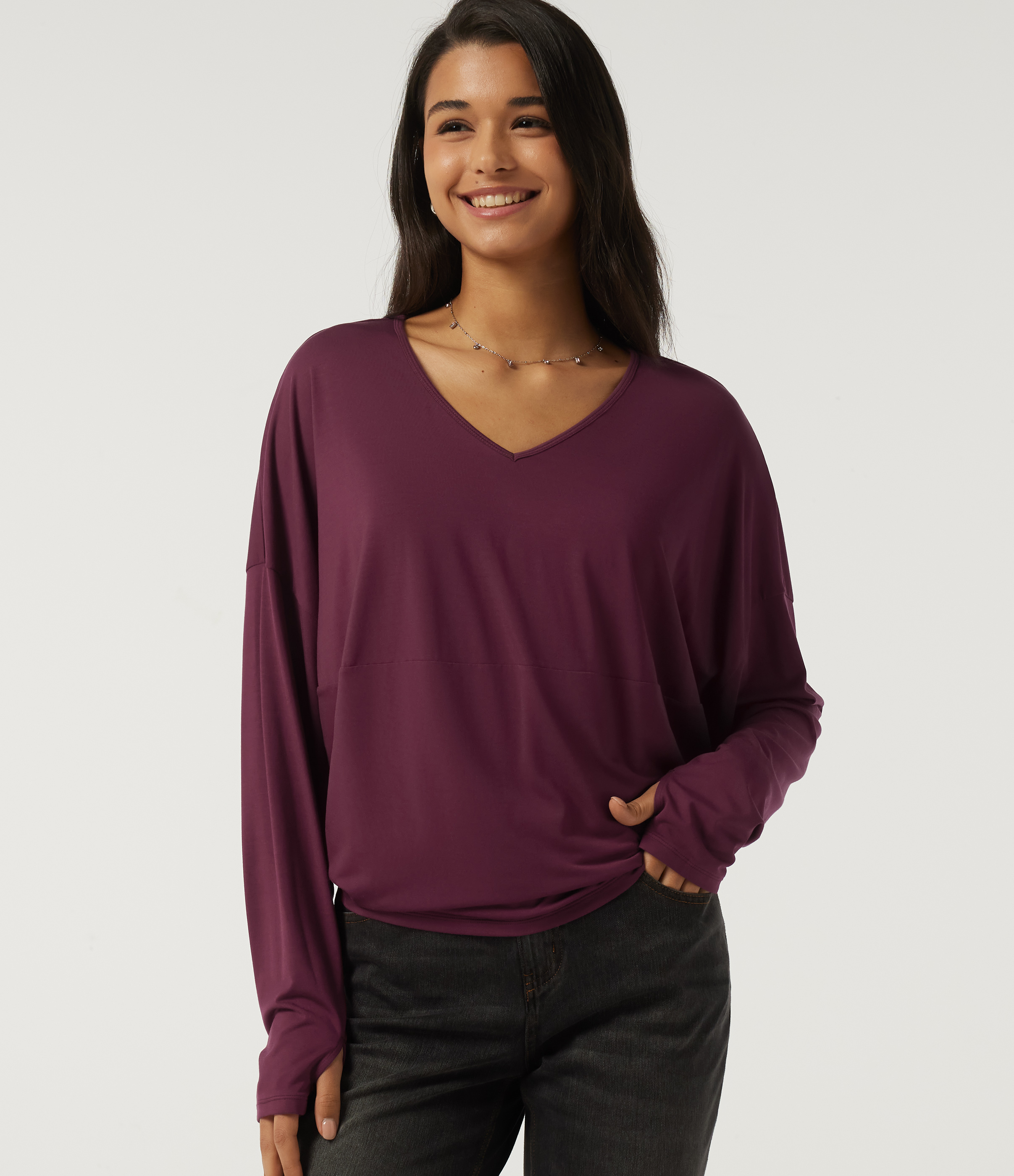 V Neck Long Sleeve Casual Top with Thumbholes