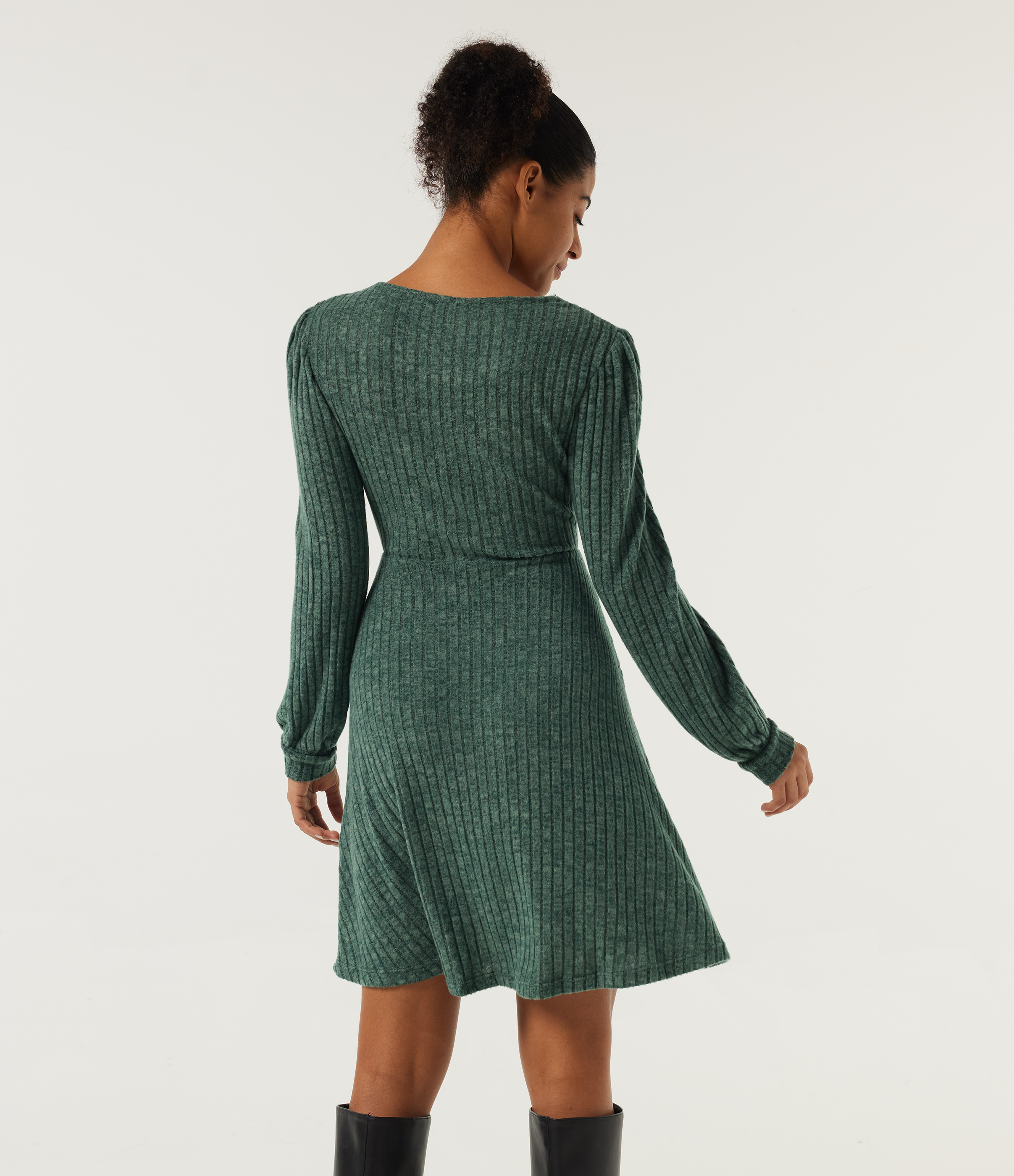 Mottled Greenlake Ribbed Knit V Neck Long Sleeve Contrast Lace Mini Casual  Dress / 2