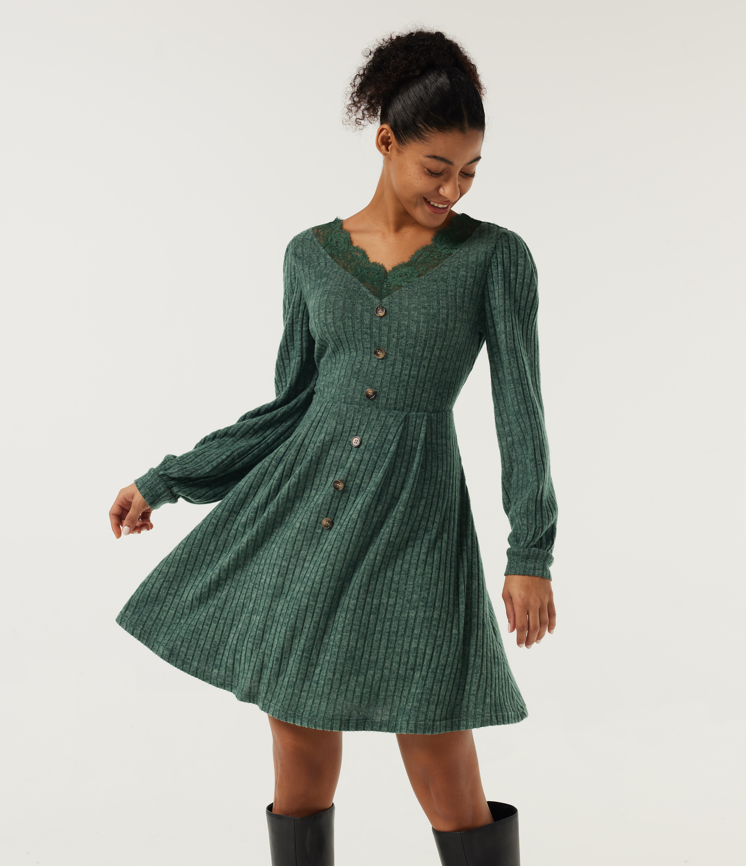 Ribbed Knit V Neck Long Sleeve Contrast Lace Mini Casual  Dress