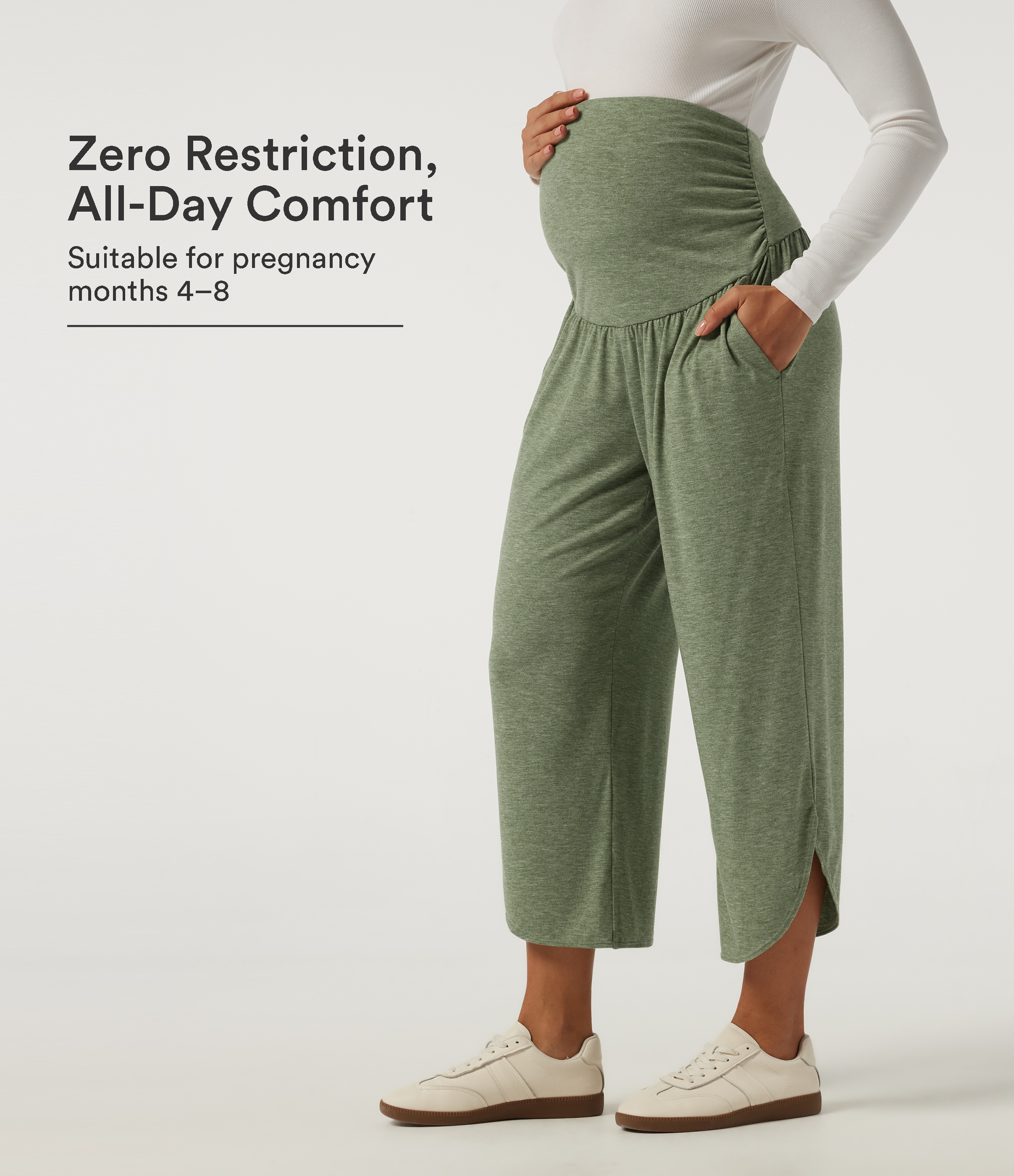 High Waisted Wide Leg Curved Hem Casual Maternity Pants with Pockets