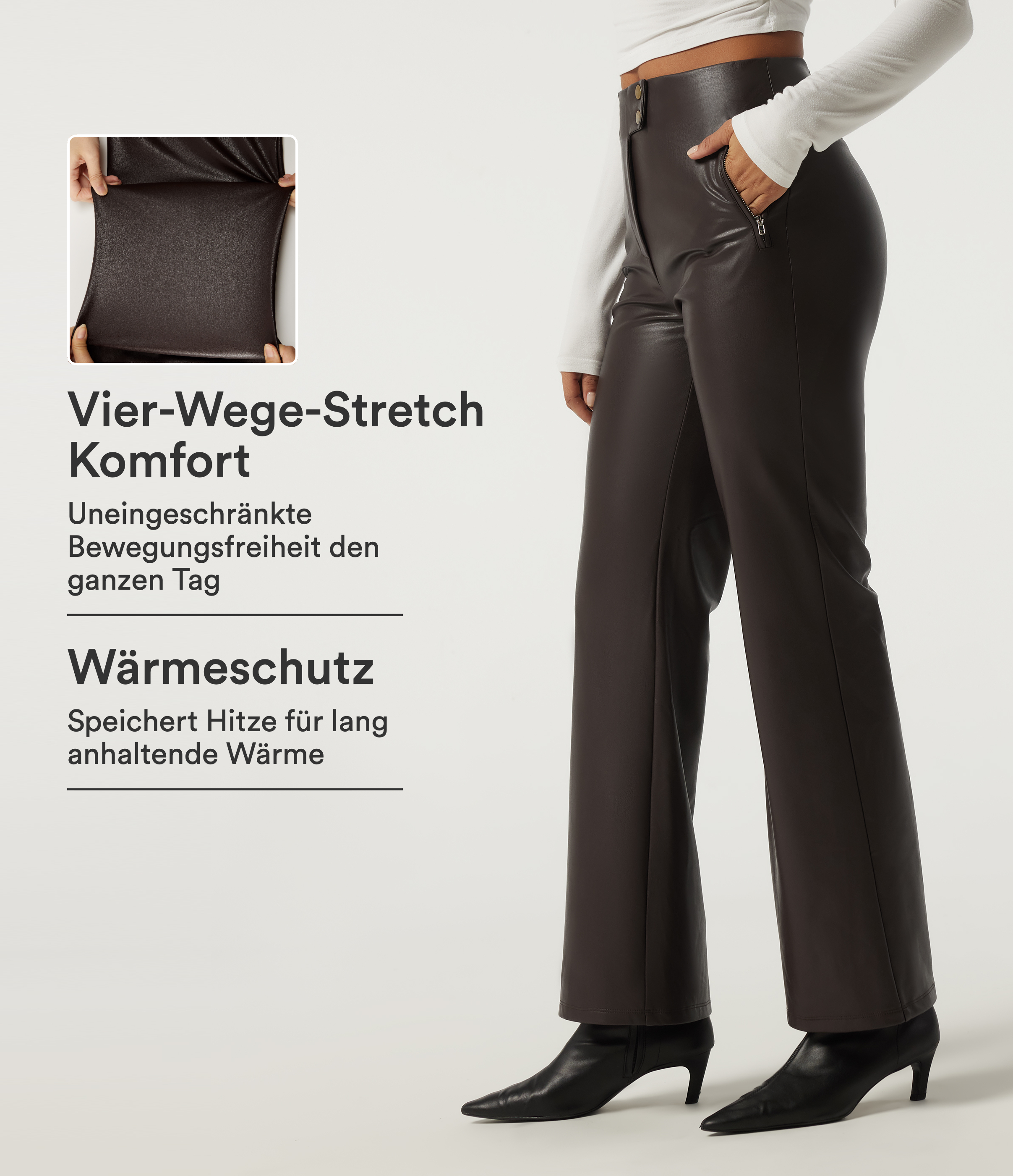 Hot Fudge Lässige Fleece-Bootcut-Hose aus elastischem Kunstleder mit hohem Bund und Seitentaschen / 1