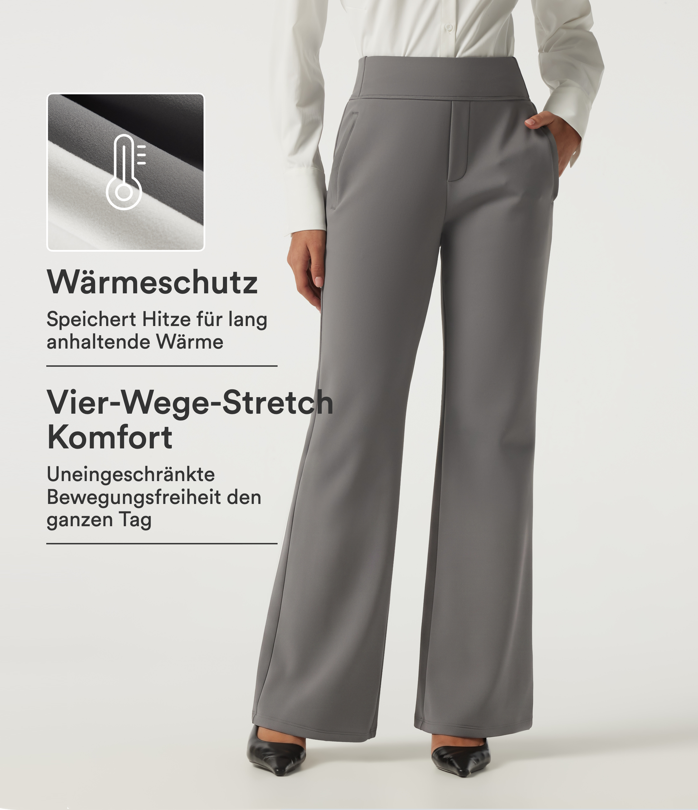 Ausgestellte Fleece-Bürohose mit hohem Bund und Seitentaschen