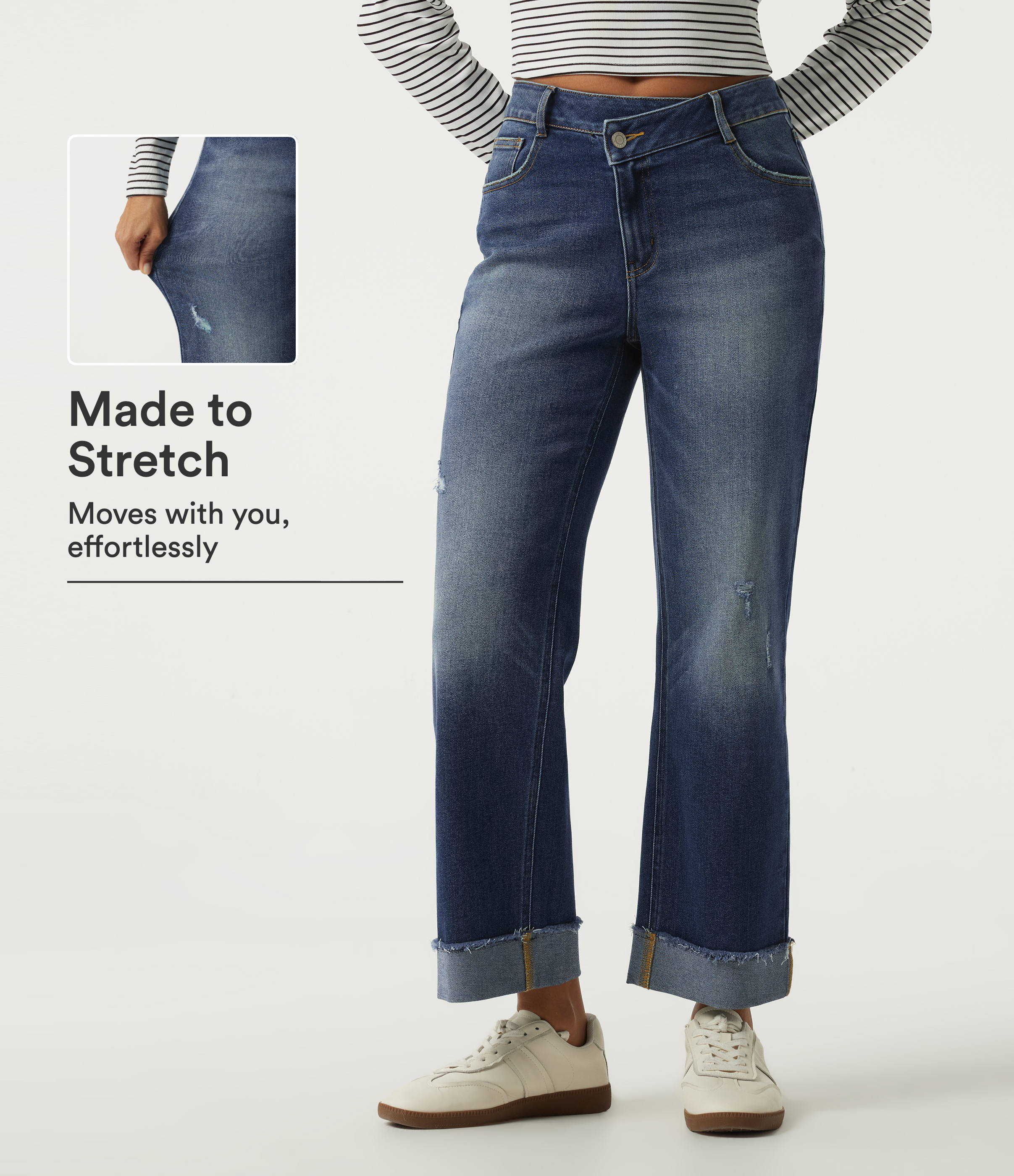 Mid Rise Straight Leg Asymmetric Casual Jeans with Pockets