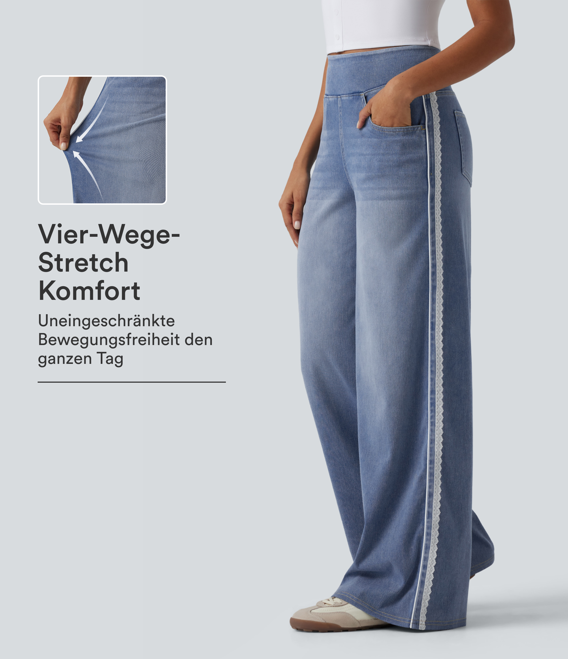 Halara Flex™ - Lässige Jeans aus Baumwolle mit hohem Bund, mehreren Taschen, Kontrastspitze und weitem Bein