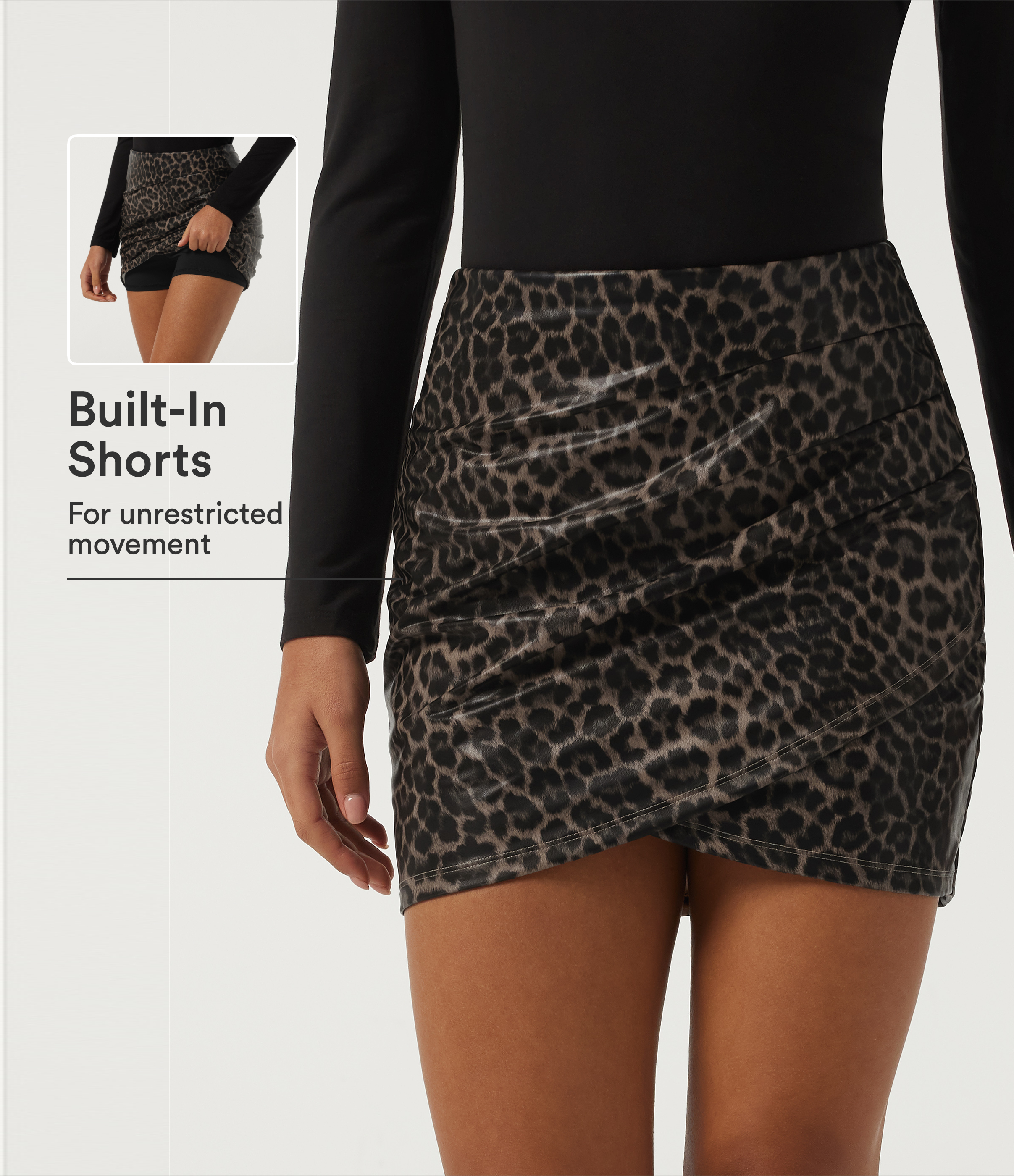 High Waisted Stretchy PU Leopard Print Ruched Casual Mini Skirt with Built-in Shorts