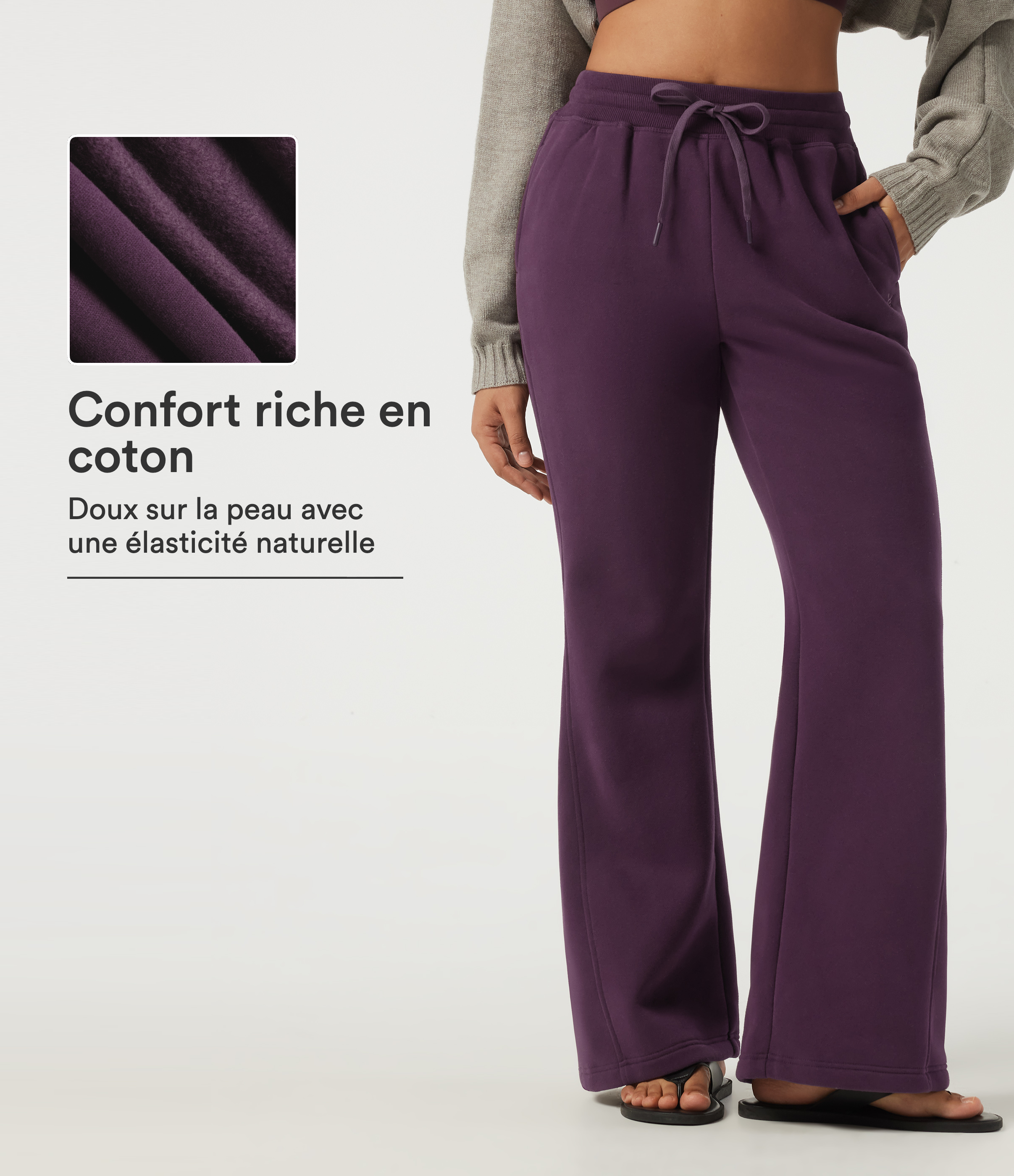 Jogging baggy en coton doublé polaire taille haute, avec cordon de serrage et poches