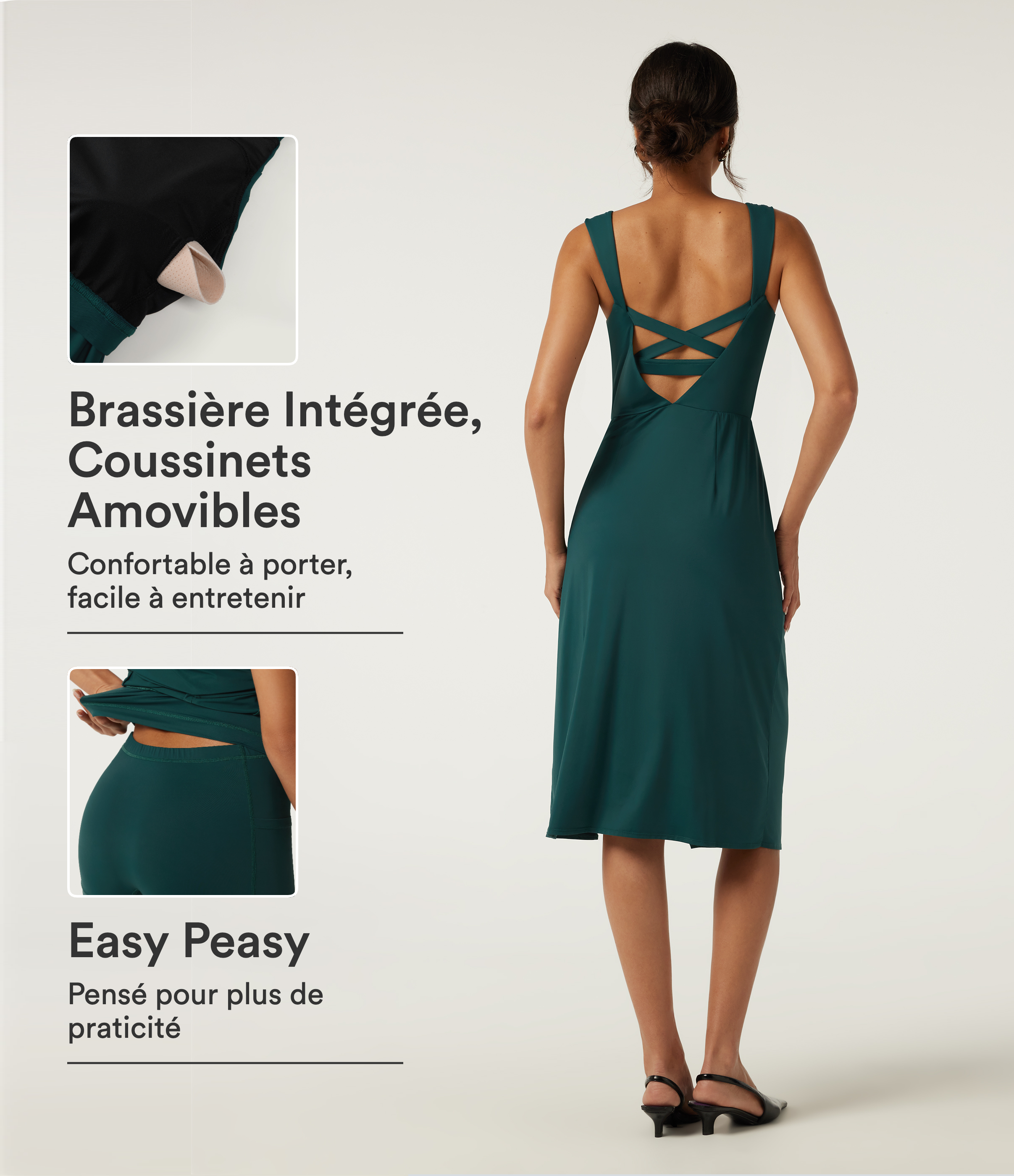 Robe midi de soirée accès facile Easy Peasy sans manches à col bénitier et fente à l’ourlet, avec brassière et short intégrés et poches